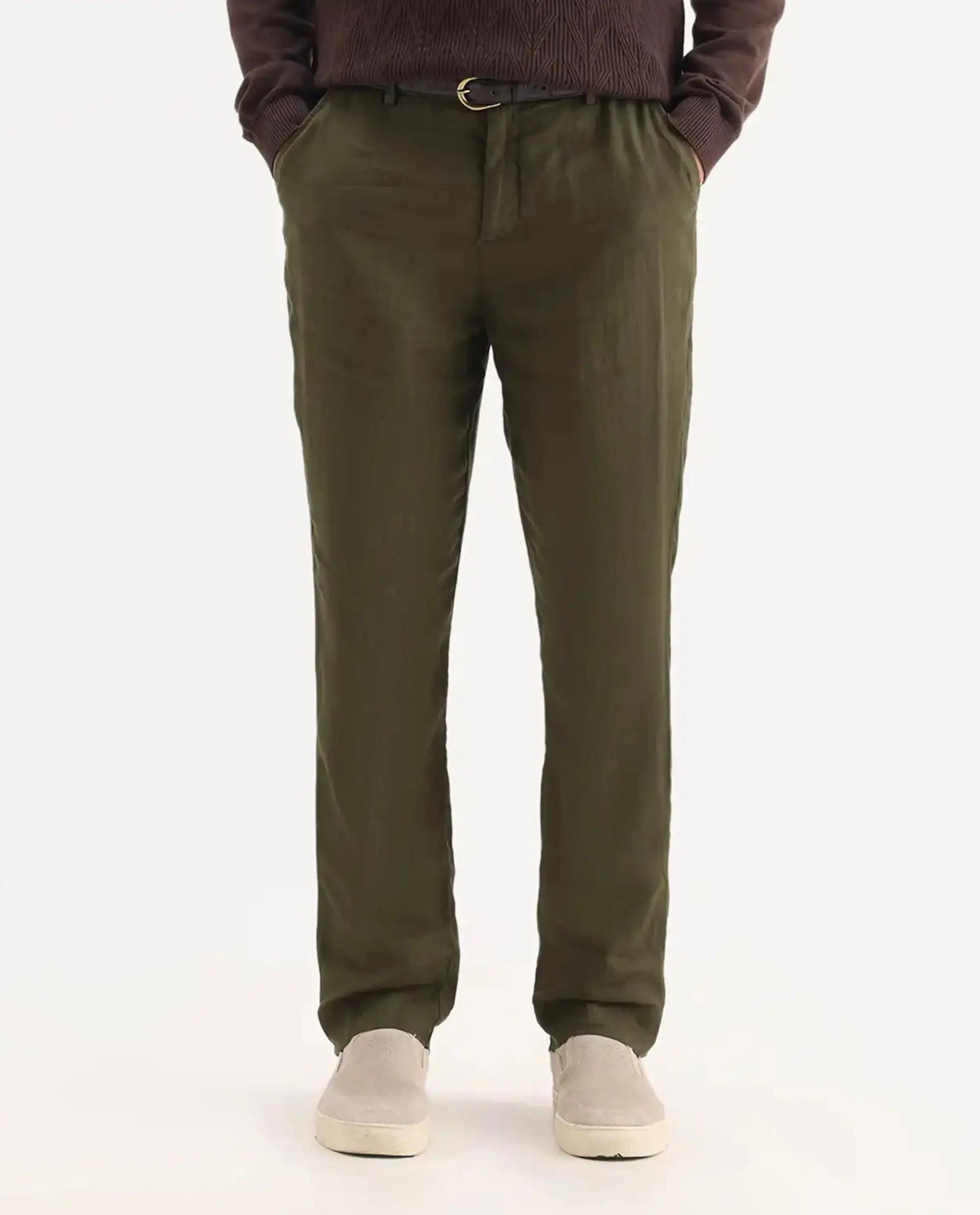 Rare Rabbit Men's Arcelo Olive 100% Linen Plain Regular Fit Trouser - Image 8