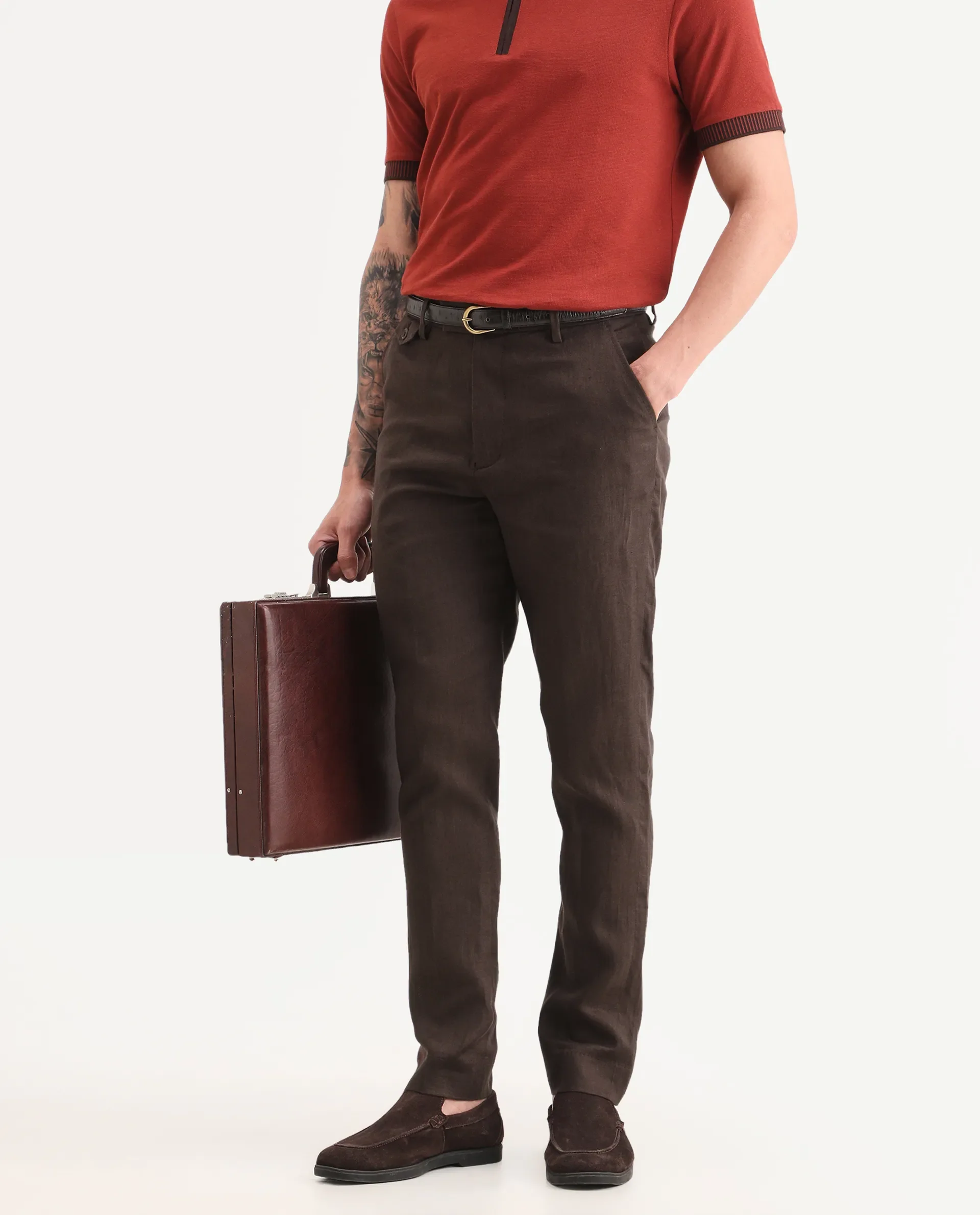 Rare Rabbit Men's Arcelo-Ss26 Dark Brown 100% Linen Fabric Regular Fit Plain Trouser - Image 2