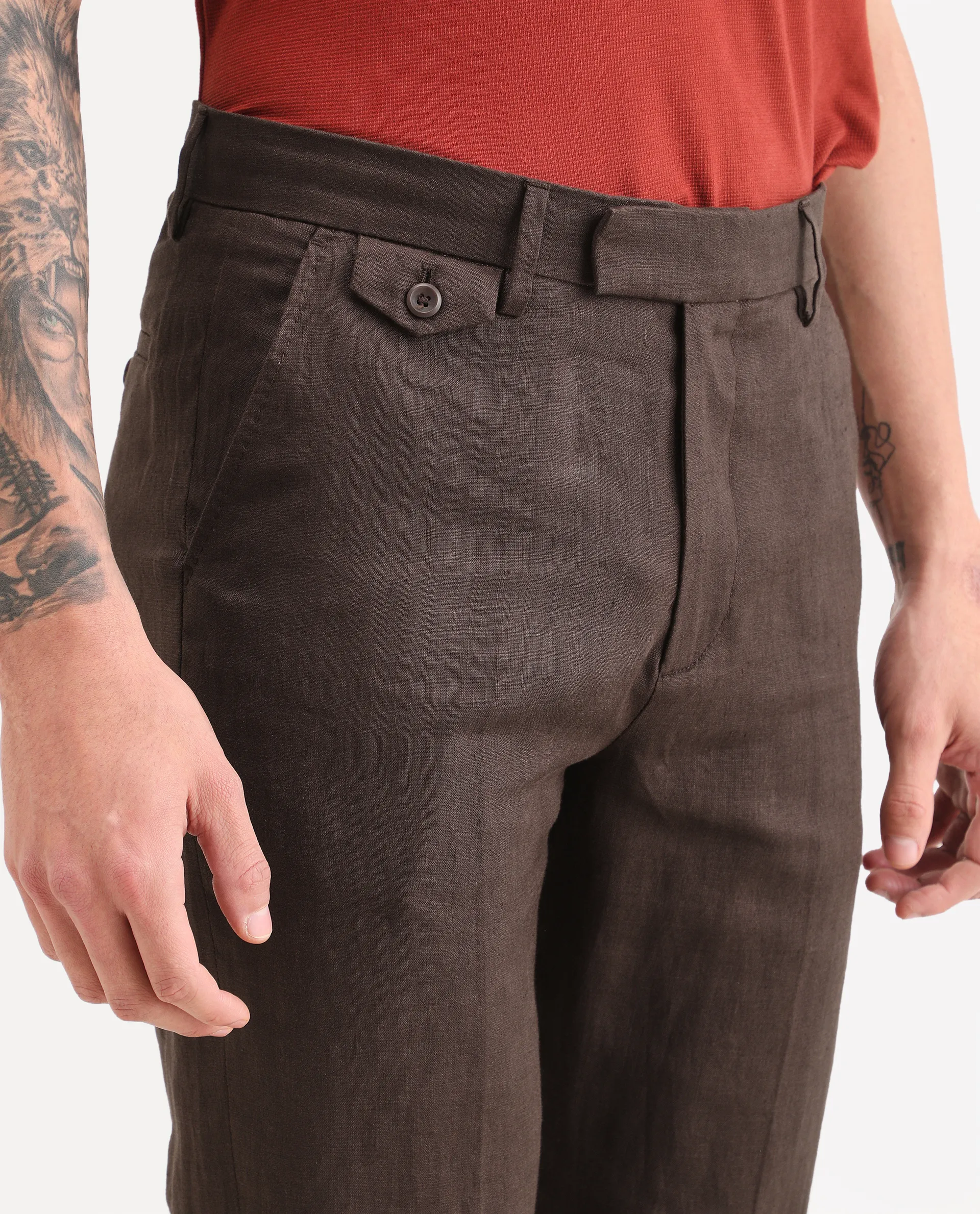 Rare Rabbit Men's Arcelo-Ss26 Dark Brown 100% Linen Fabric Regular Fit Plain Trouser - Image 3