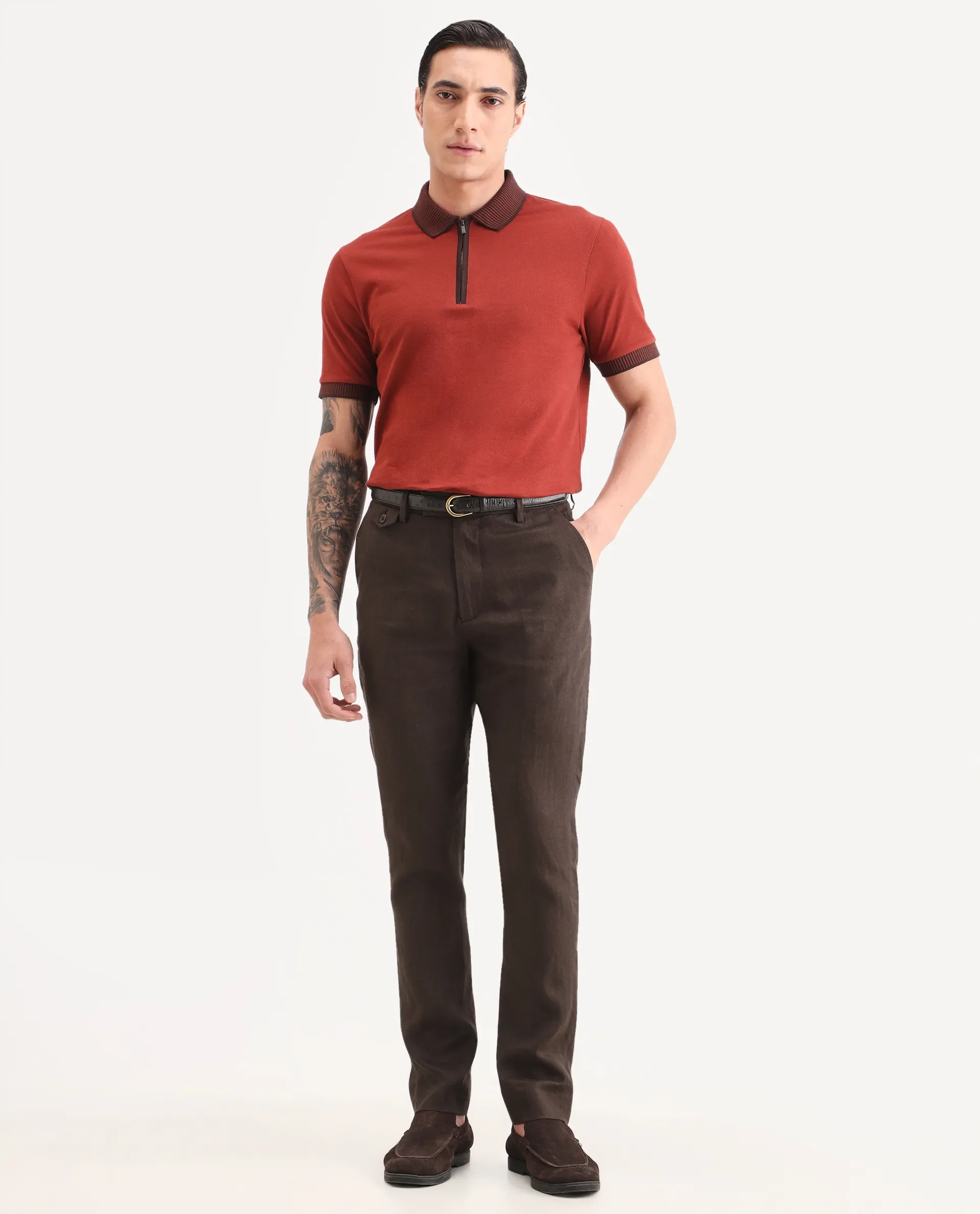 Rare Rabbit Men's Arcelo-Ss26 Dark Brown 100% Linen Fabric Regular Fit Plain Trouser - Image 4