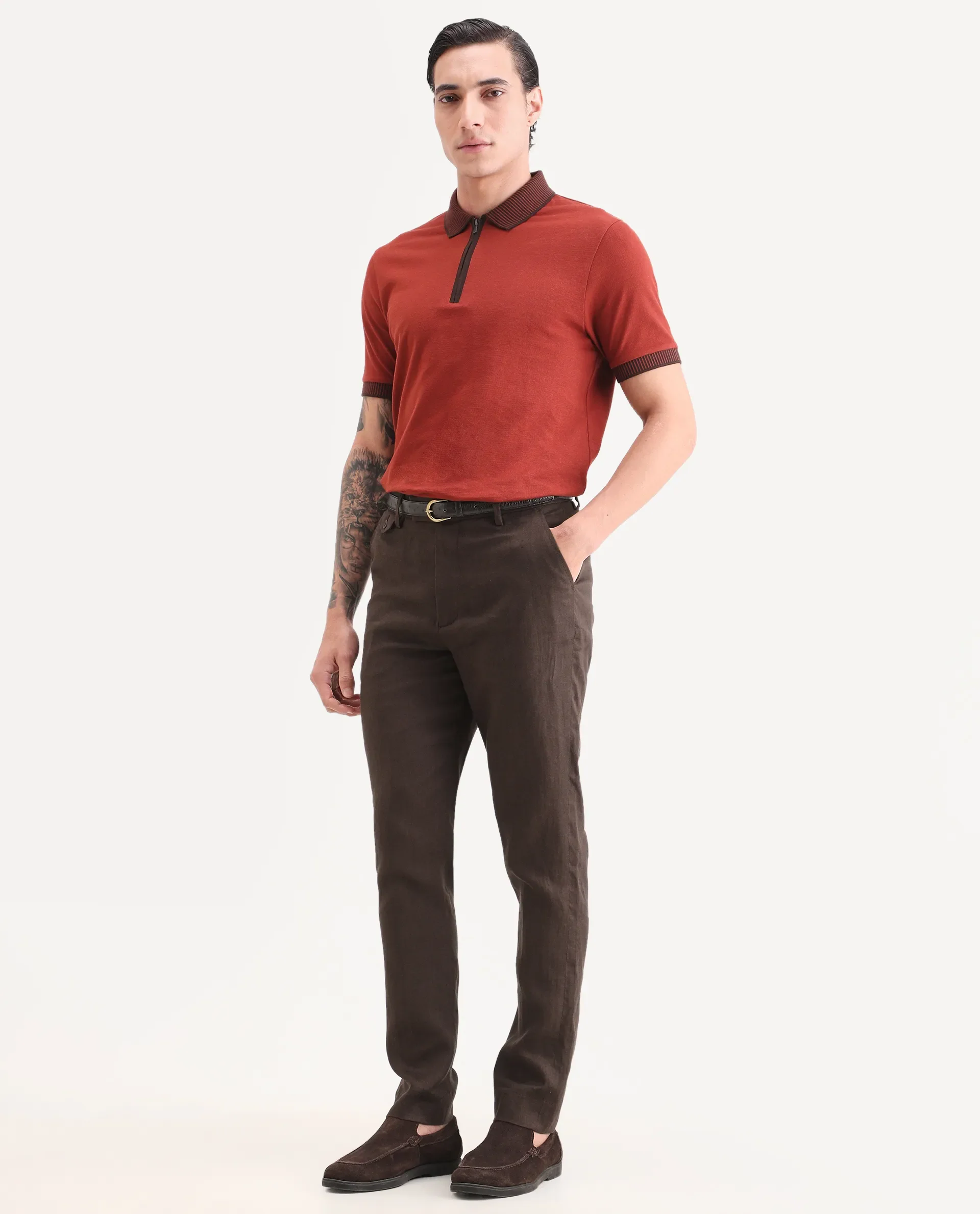 Rare Rabbit Men's Arcelo-Ss26 Dark Brown 100% Linen Fabric Regular Fit Plain Trouser - Image 5