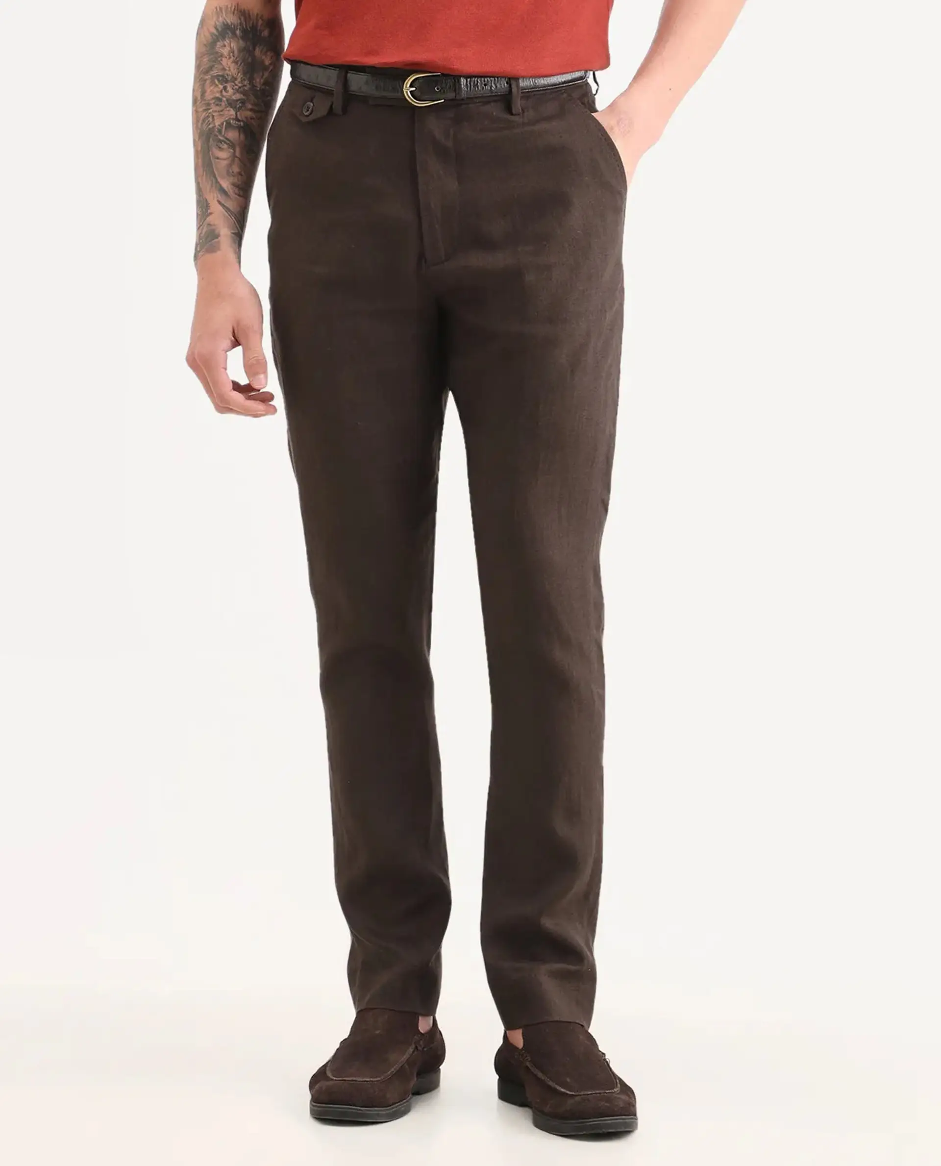 Rare Rabbit Men's Arcelo-Ss26 Dark Brown 100% Linen Fabric Regular Fit Plain Trouser - Image 8