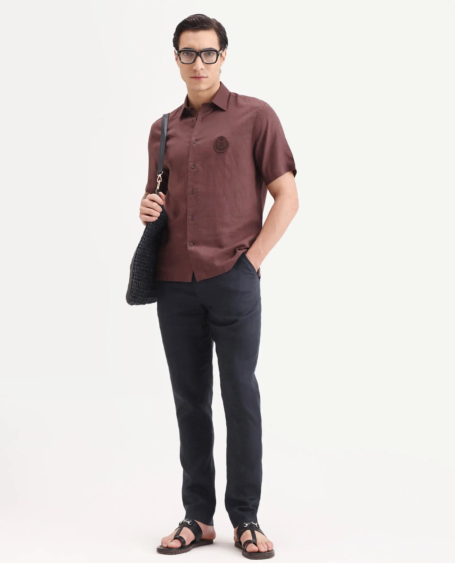 Rare Rabbit Men's Arcelo-Ss26 Dark Navy 100% Linen Fabric Regular Fit Plain Trouser