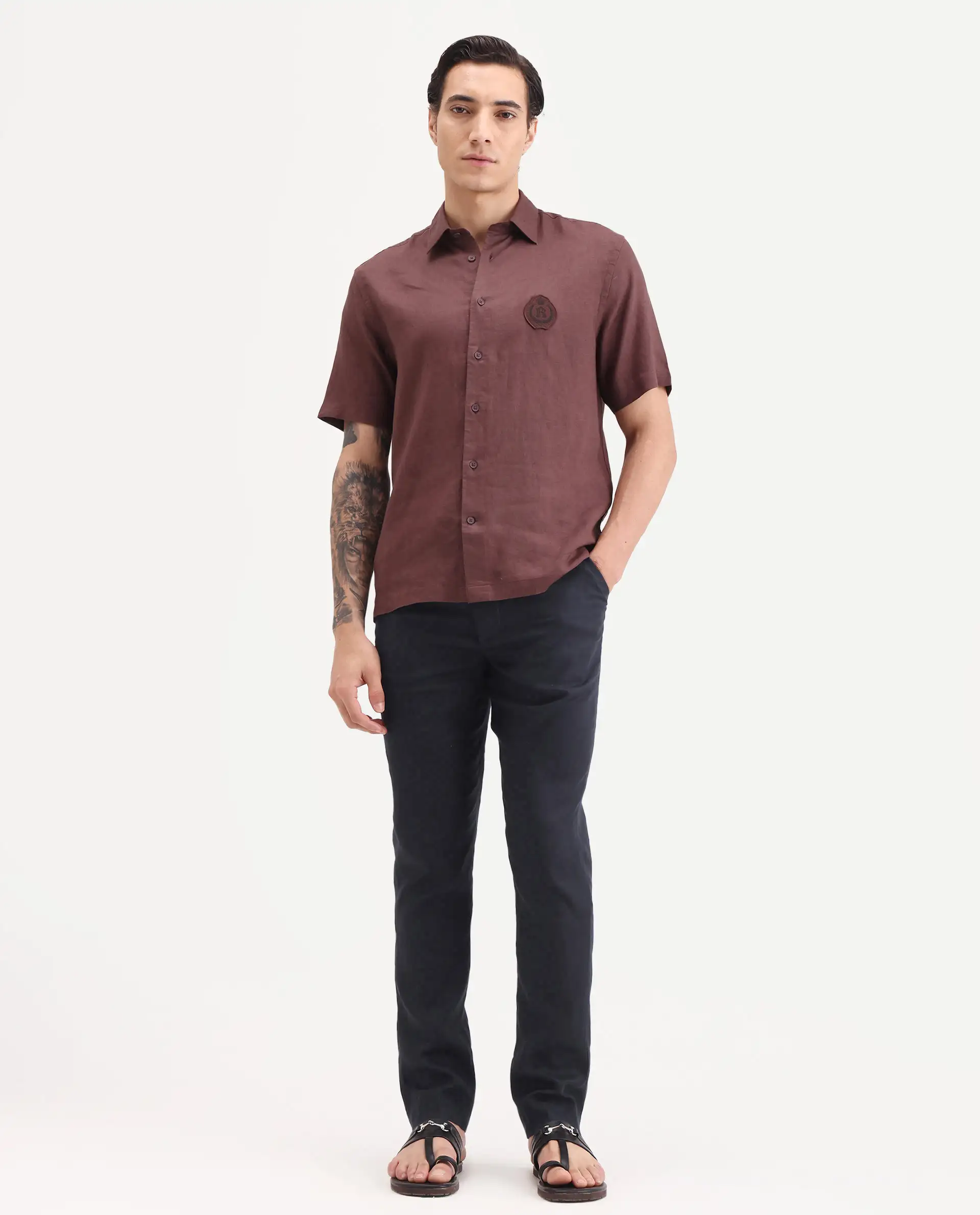 Rare Rabbit Men's Arcelo-Ss26 Dark Navy 100% Linen Fabric Regular Fit Plain Trouser - Image 4