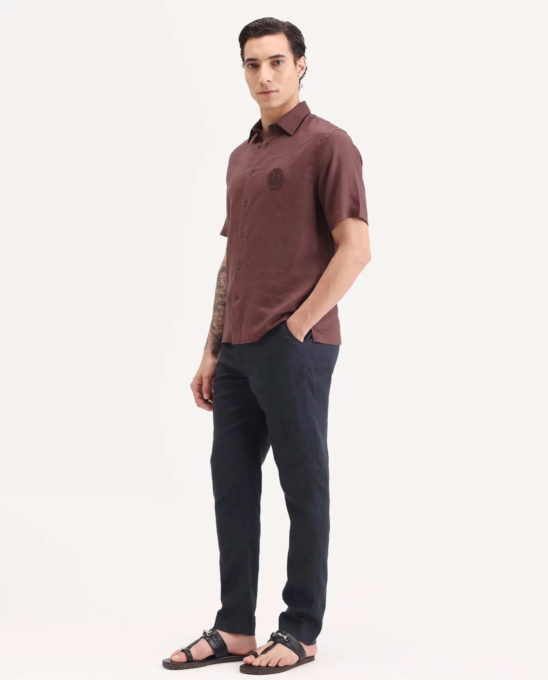 Rare Rabbit Men's Arcelo-Ss26 Dark Navy 100% Linen Fabric Regular Fit Plain Trouser - Image 5
