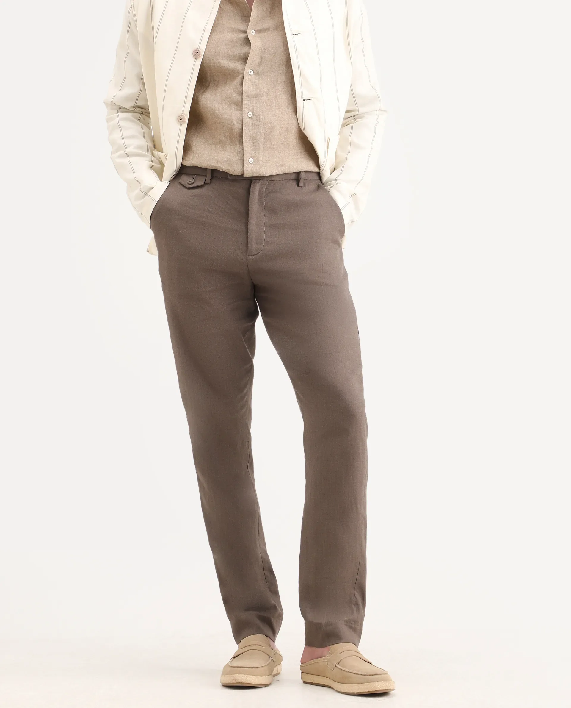 Rare Rabbit Men's Arcelo-Ss26 Light Brown 100% Linen Fabric Regular Fit Plain Trouser - Image 2