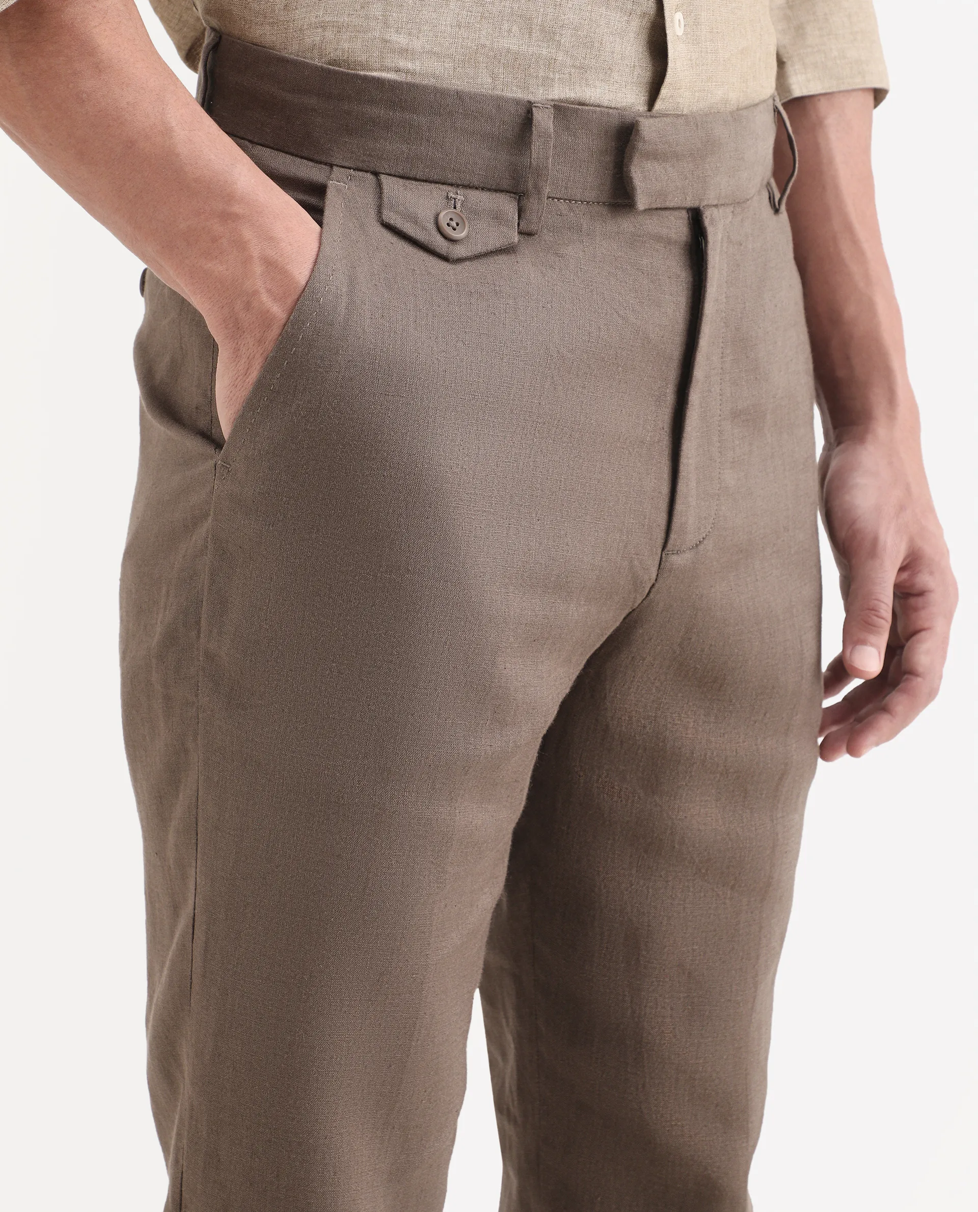 Rare Rabbit Men's Arcelo-Ss26 Light Brown 100% Linen Fabric Regular Fit Plain Trouser - Image 3