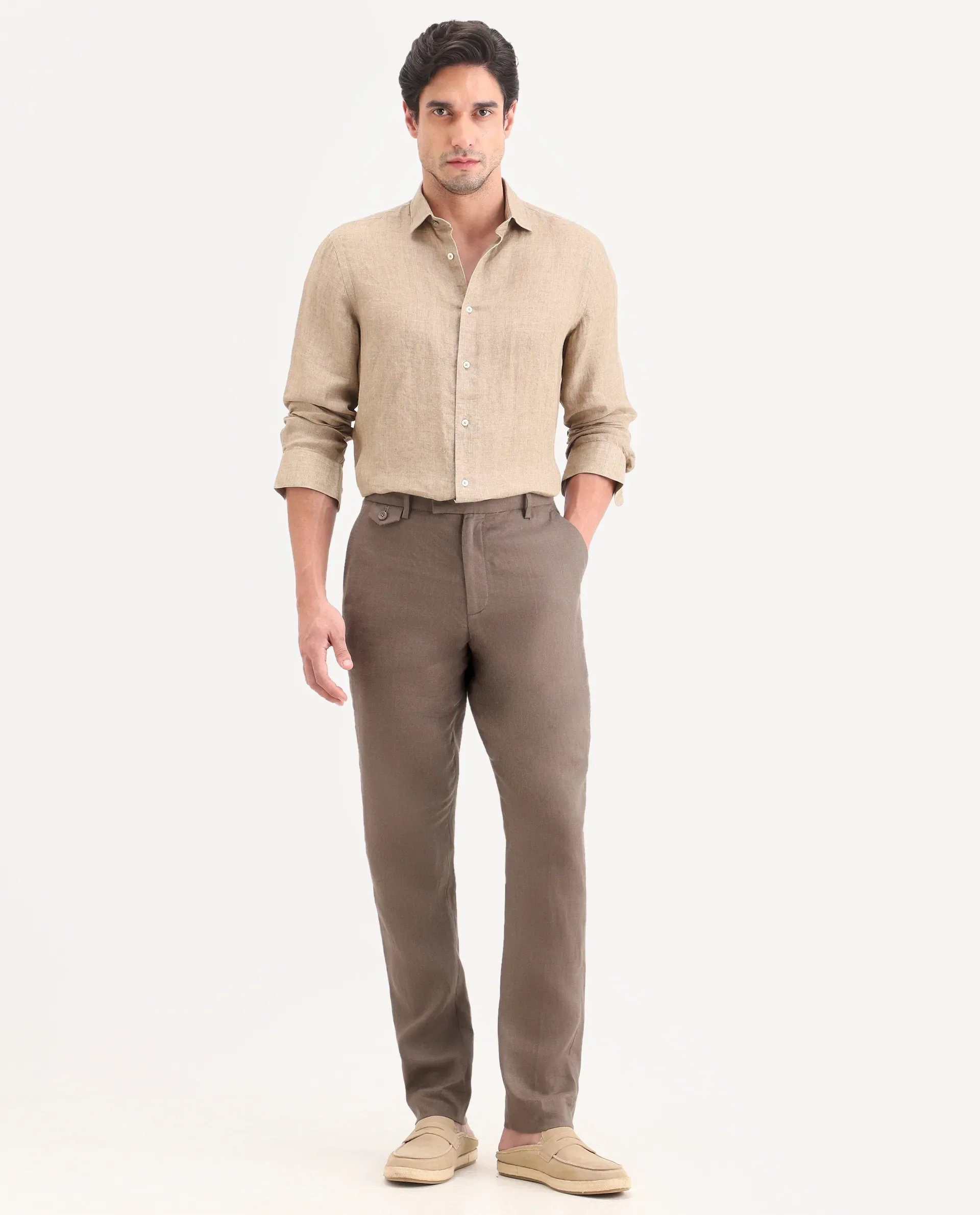 Rare Rabbit Men's Arcelo-Ss26 Light Brown 100% Linen Fabric Regular Fit Plain Trouser - Image 4