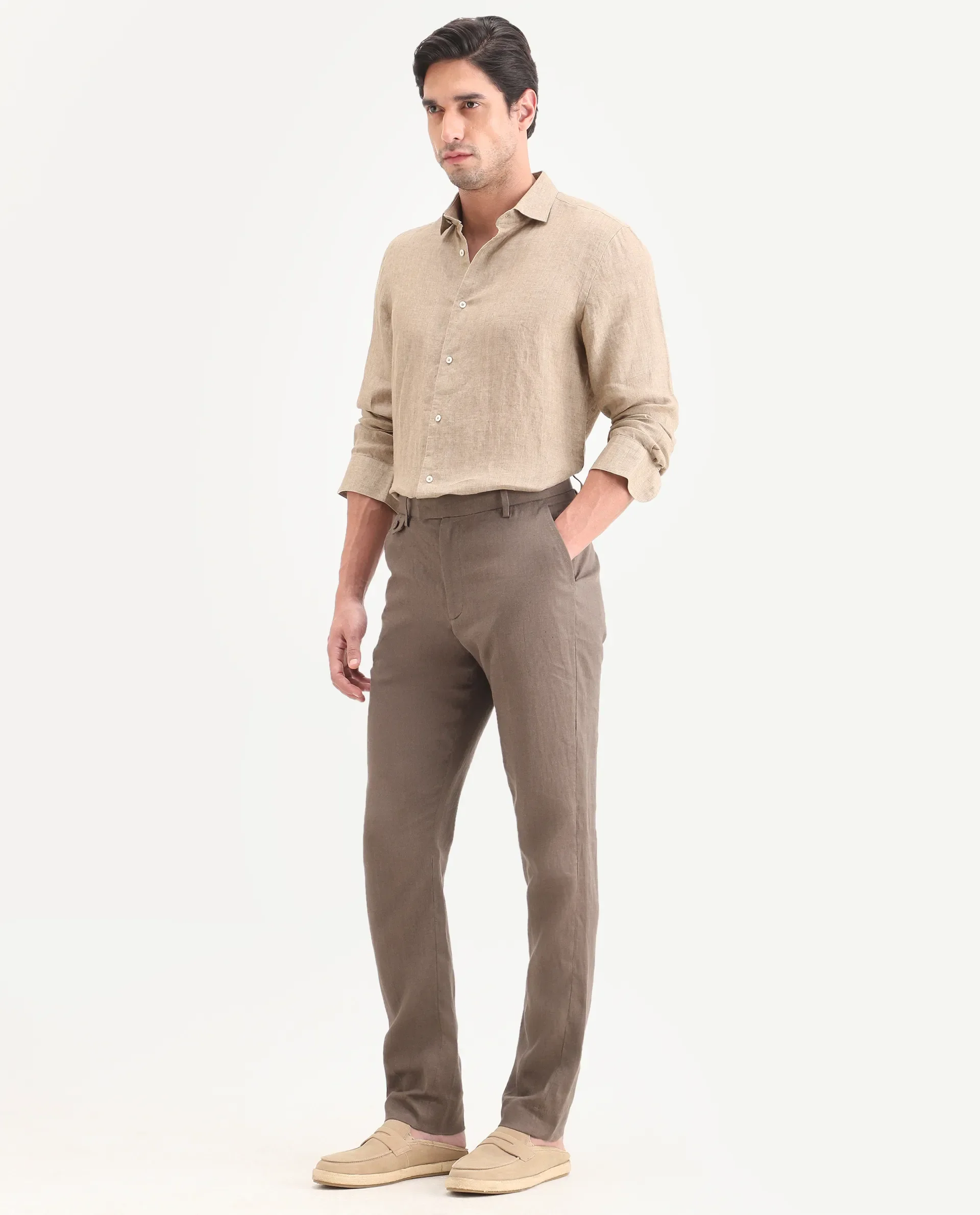 Rare Rabbit Men's Arcelo-Ss26 Light Brown 100% Linen Fabric Regular Fit Plain Trouser - Image 5