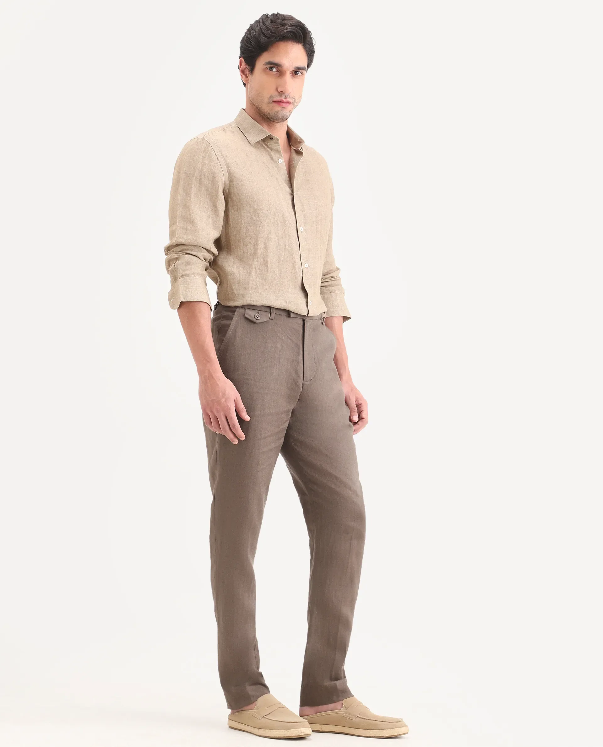 Rare Rabbit Men's Arcelo-Ss26 Light Brown 100% Linen Fabric Regular Fit Plain Trouser - Image 6