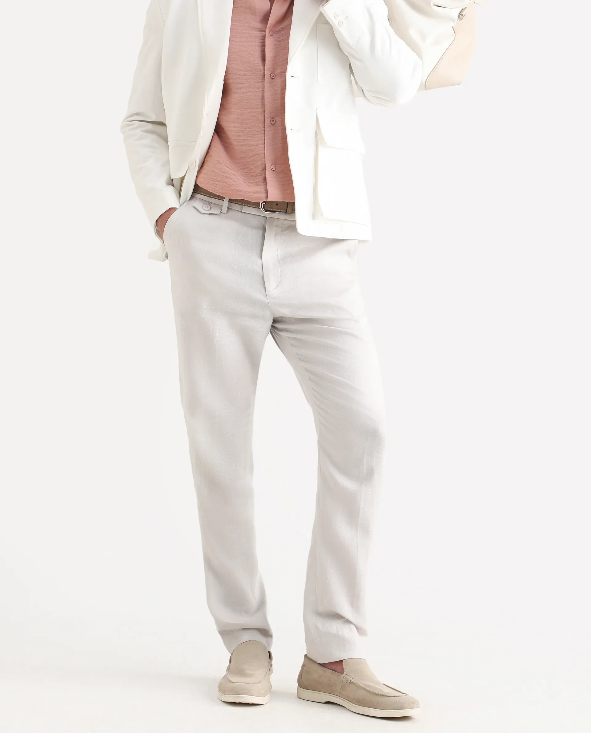 Rare Rabbit Men's Arcelo-Ss26 Off White 100% Linen Fabric Regular Fit Plain Trouser - Image 2
