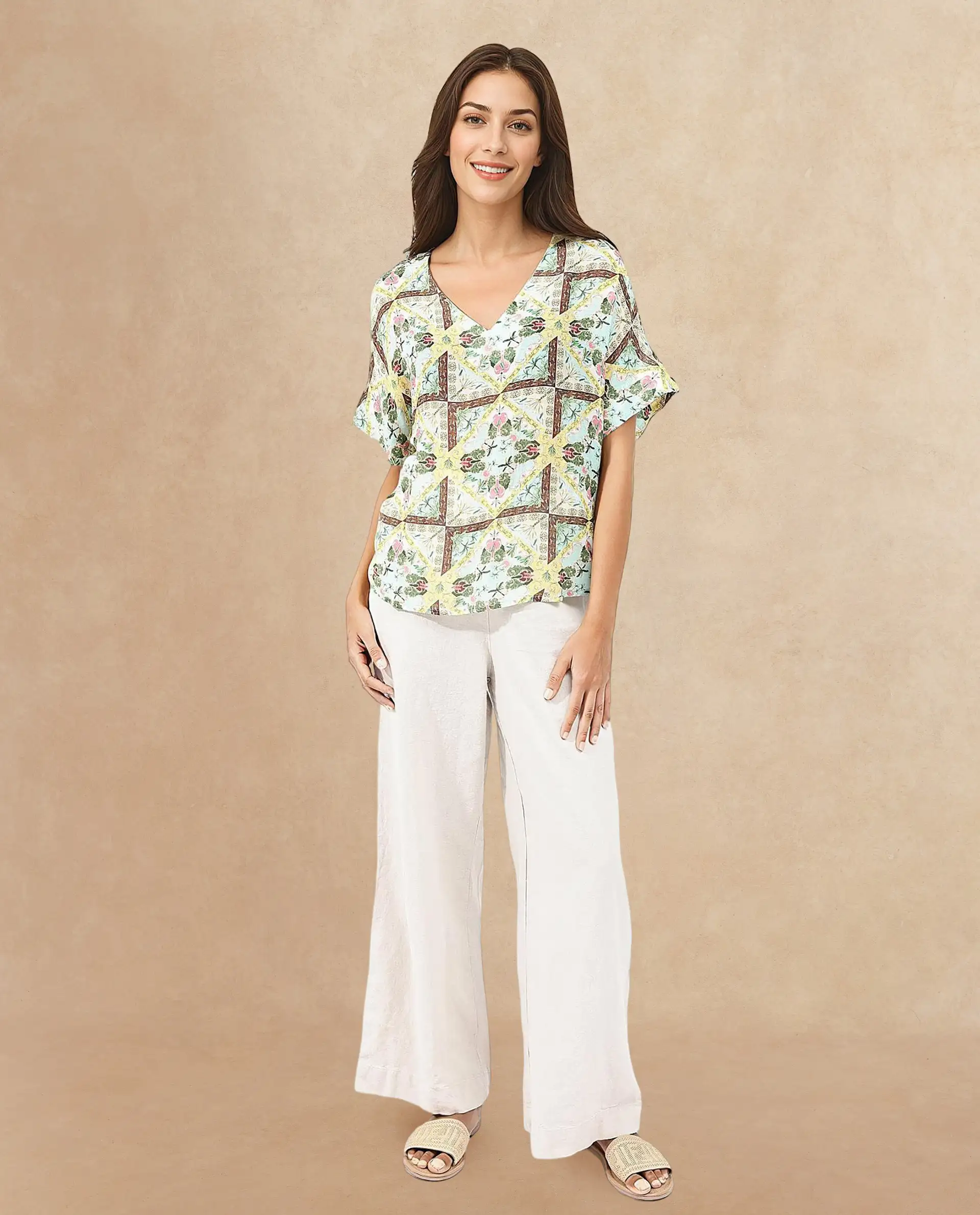 Rareism Women's Archibal-T Multi Rayon V-Neck Abstract Print Extended Sleeves Regular Fit Top - Image 3
