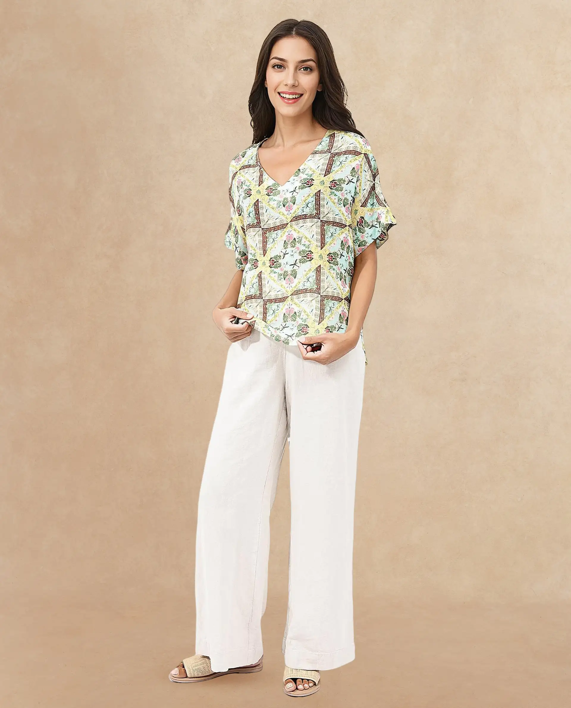 Rareism Women's Archibal-T Multi Rayon V-Neck Abstract Print Extended Sleeves Regular Fit Top - Image 5