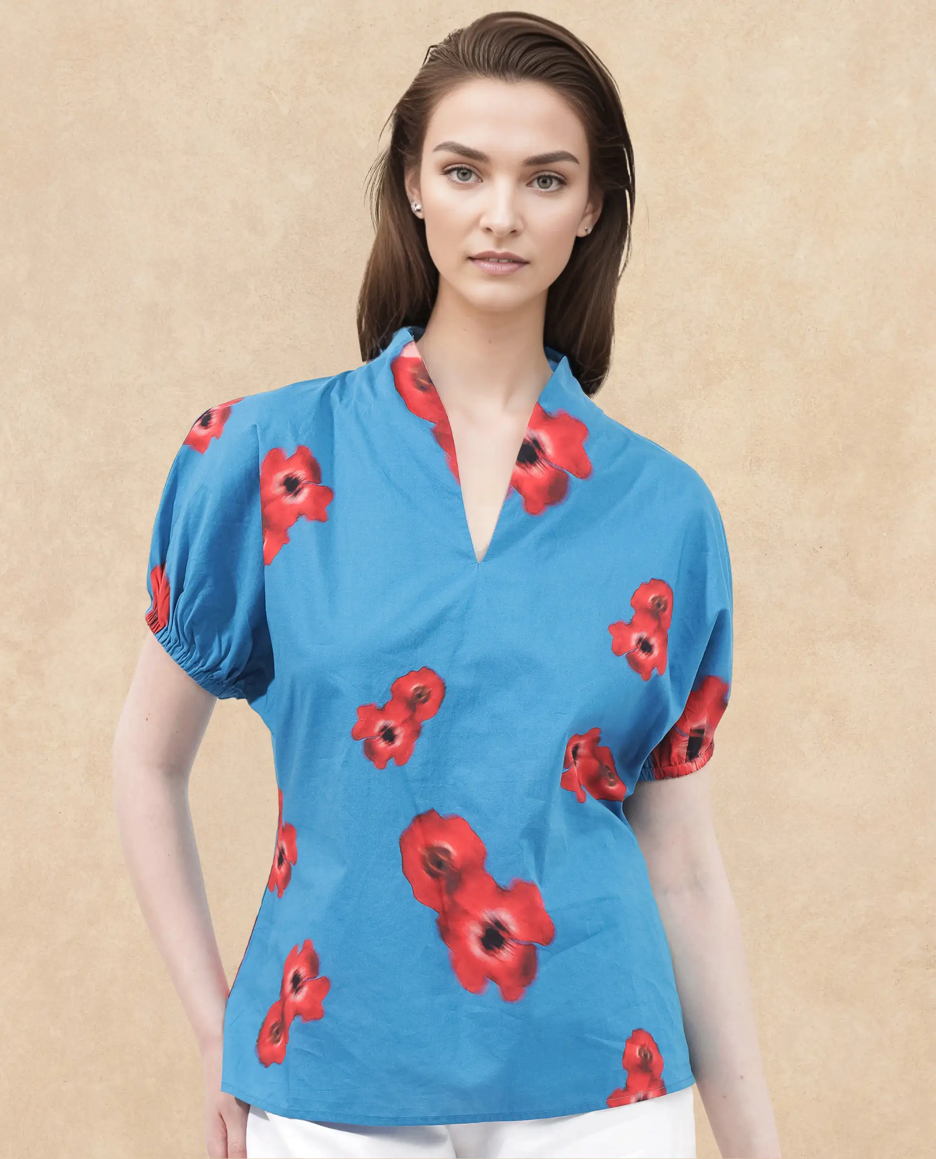 Rareism Women's Cotton V-Neck Floral Print Extended Sleeves Regular Fit Top