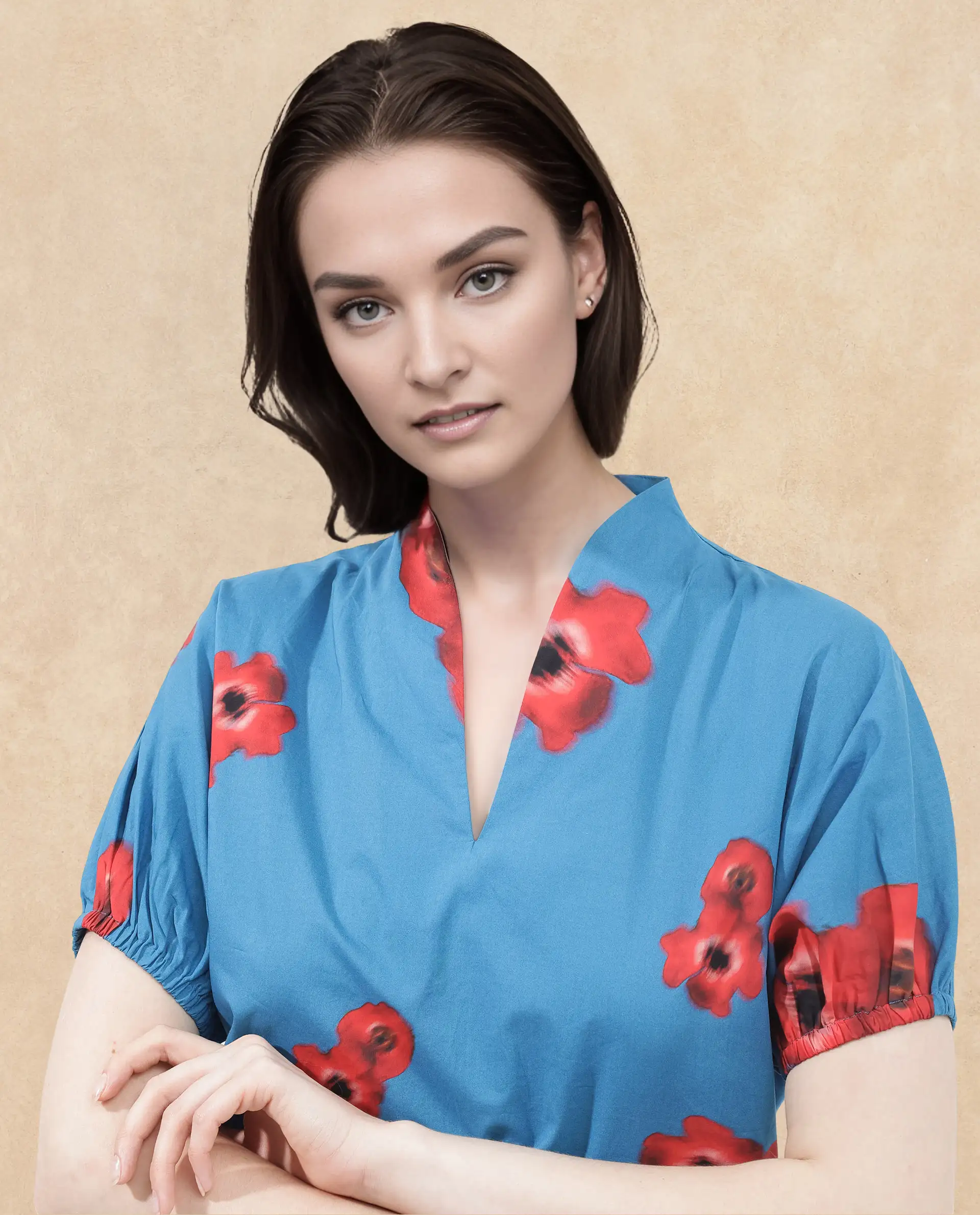 Rareism Women's Cotton V-Neck Floral Print Extended Sleeves Regular Fit Top - Image 2