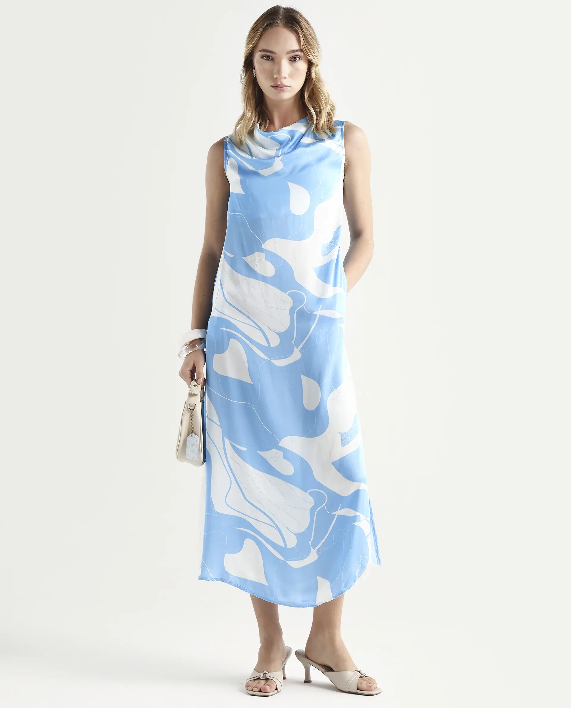 Rareism Women's Arden Blue Modal Cowl Neck Abstract Print Sleeveless Knee Length Regular Fit Dress - Image 2