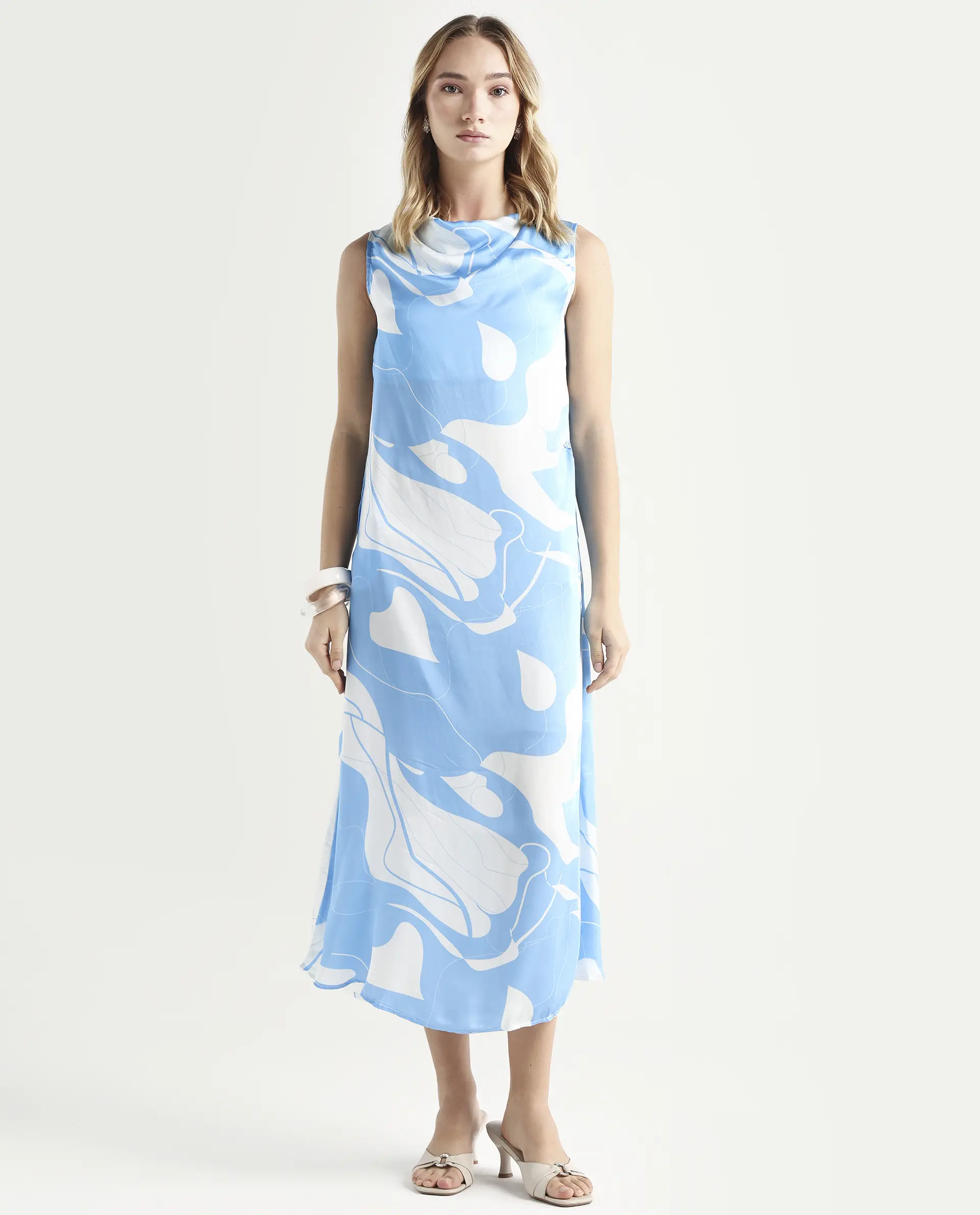 Rareism Women's Arden Blue Modal Cowl Neck Abstract Print Sleeveless Knee Length Regular Fit Dress - Image 3