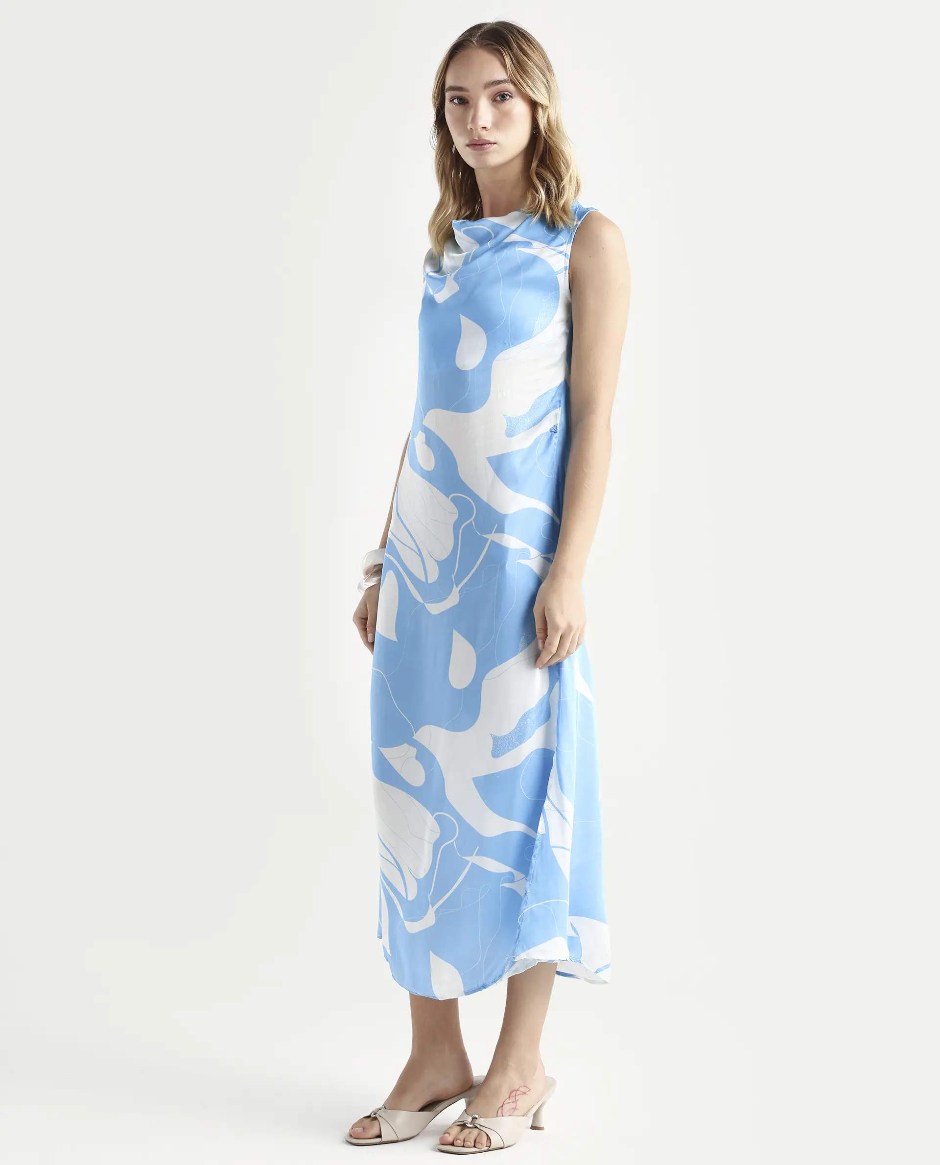 Rareism Women's Arden Blue Modal Cowl Neck Abstract Print Sleeveless Knee Length Regular Fit Dress - Image 5