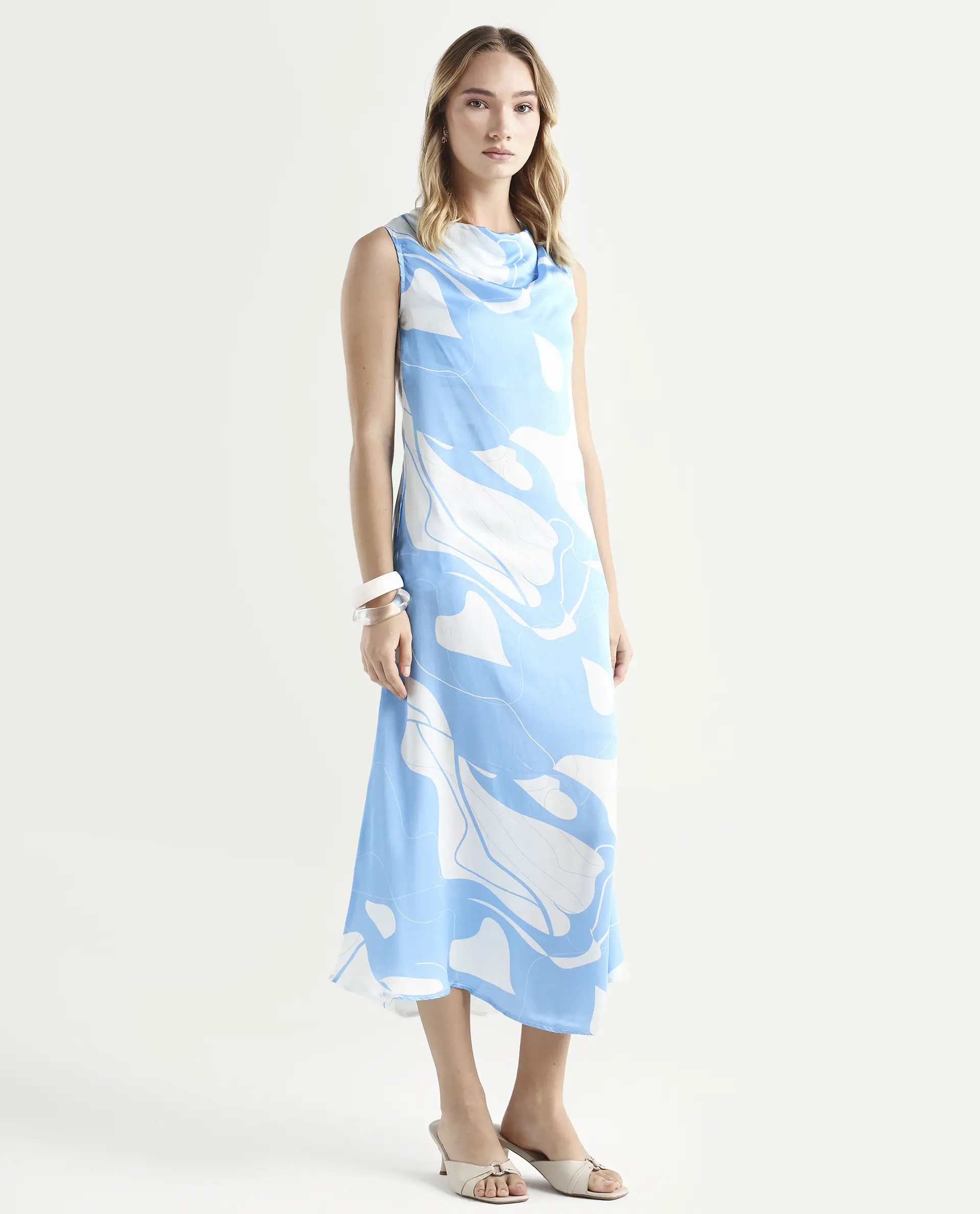 Rareism Women's Arden Blue Modal Cowl Neck Abstract Print Sleeveless Knee Length Regular Fit Dress - Image 6