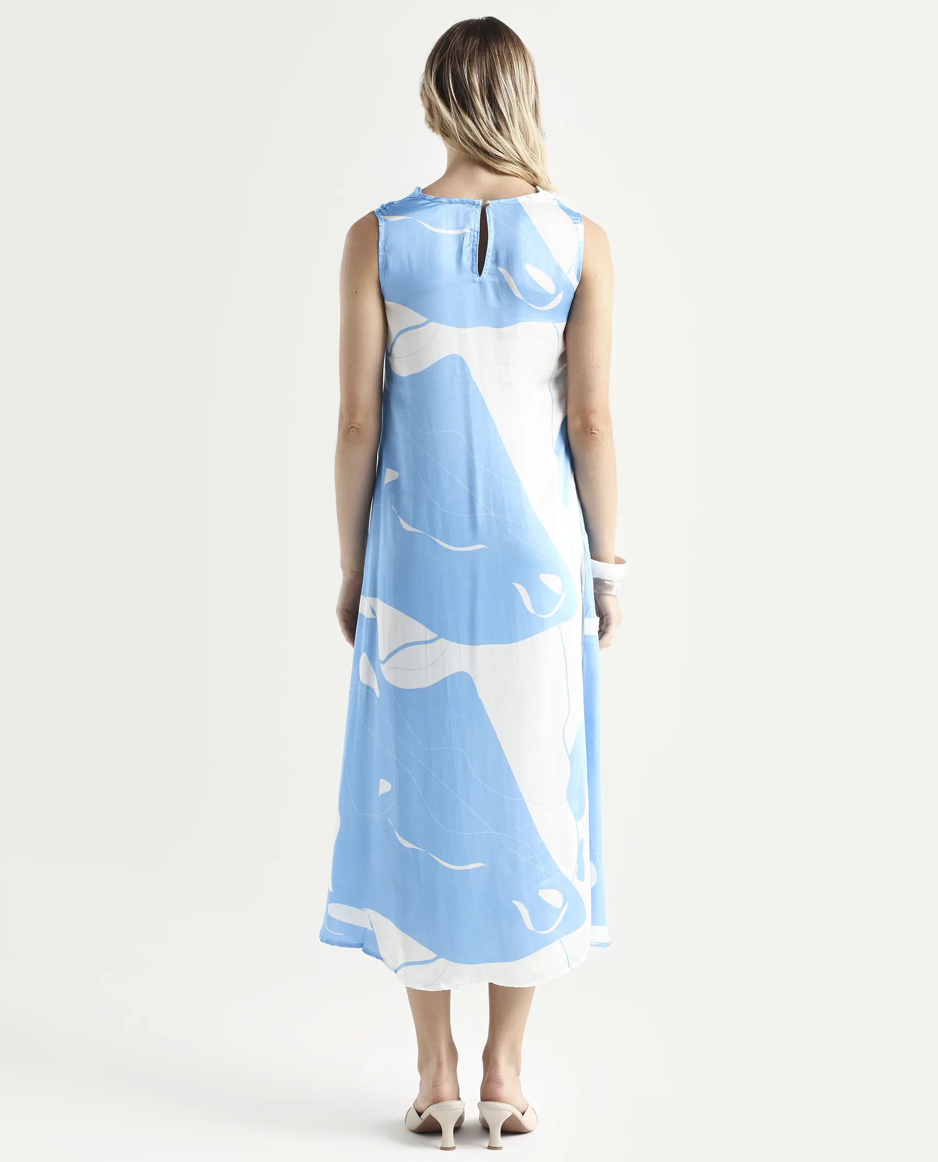 Rareism Women's Arden Blue Modal Cowl Neck Abstract Print Sleeveless Knee Length Regular Fit Dress - Image 7