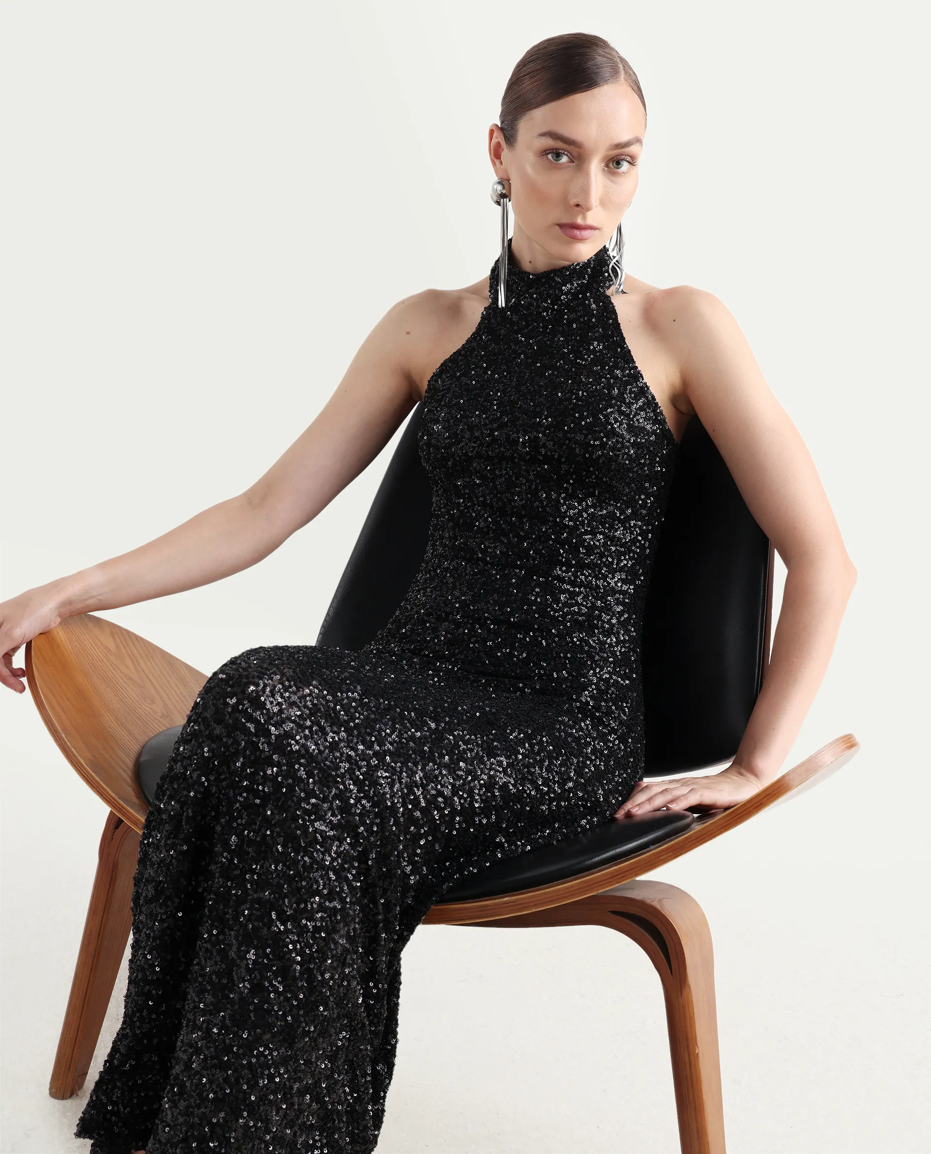 Rareism Women's Ardhan Metallic Black Sequined Halter Neck Plain Sleeveless Maxi Fitted Dress