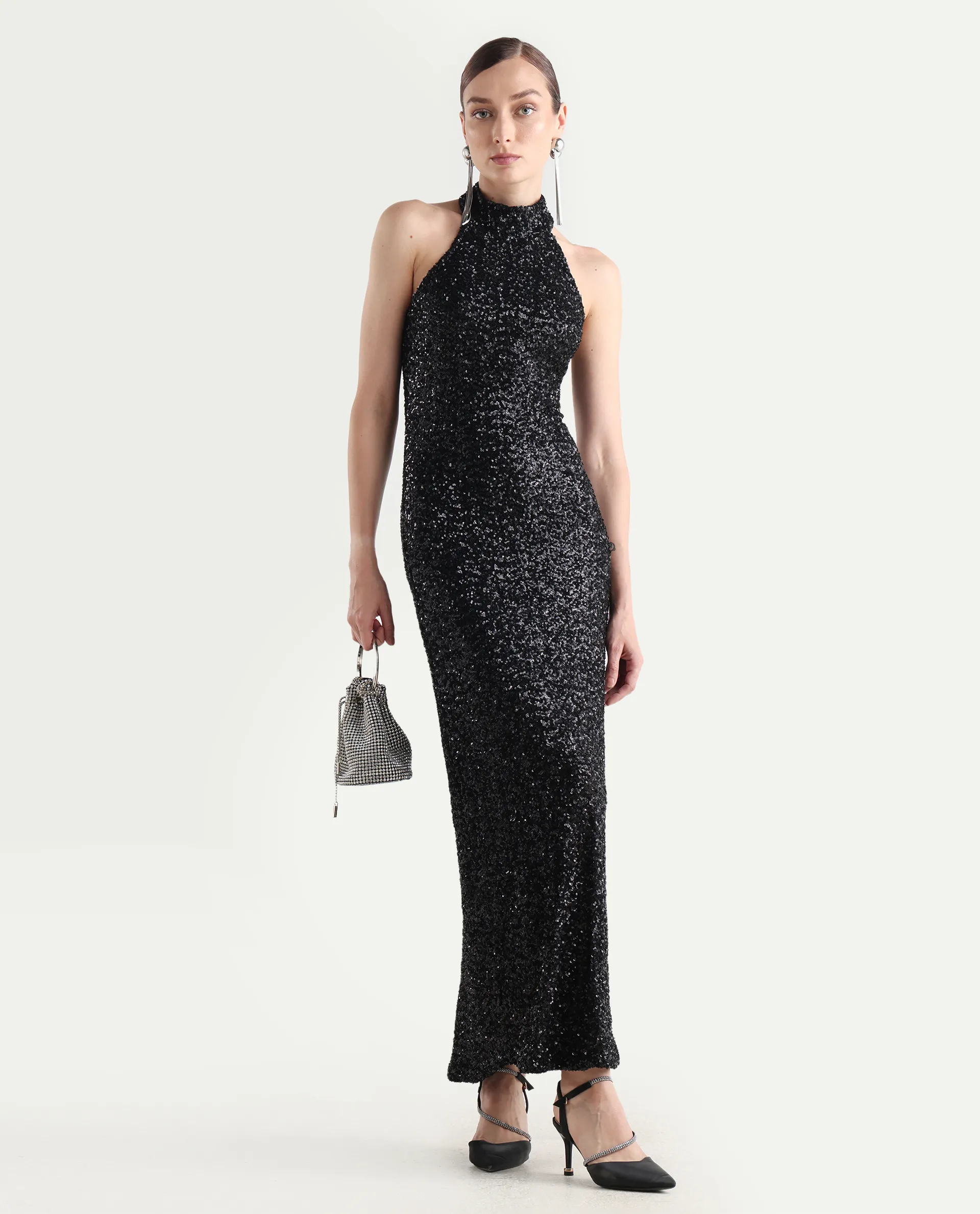 Rareism Women's Ardhan Metallic Black Sequined Halter Neck Plain Sleeveless Maxi Fitted Dress - Image 2