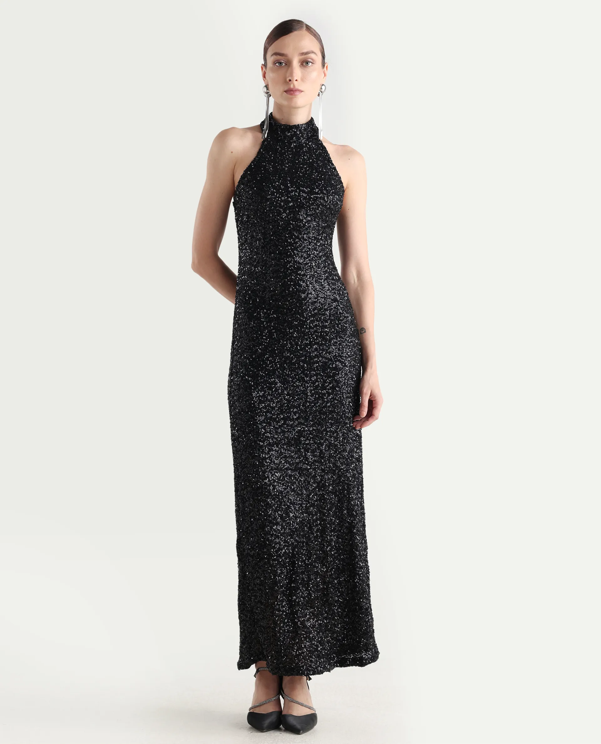 Rareism Women's Ardhan Metallic Black Sequined Halter Neck Plain Sleeveless Maxi Fitted Dress - Image 3