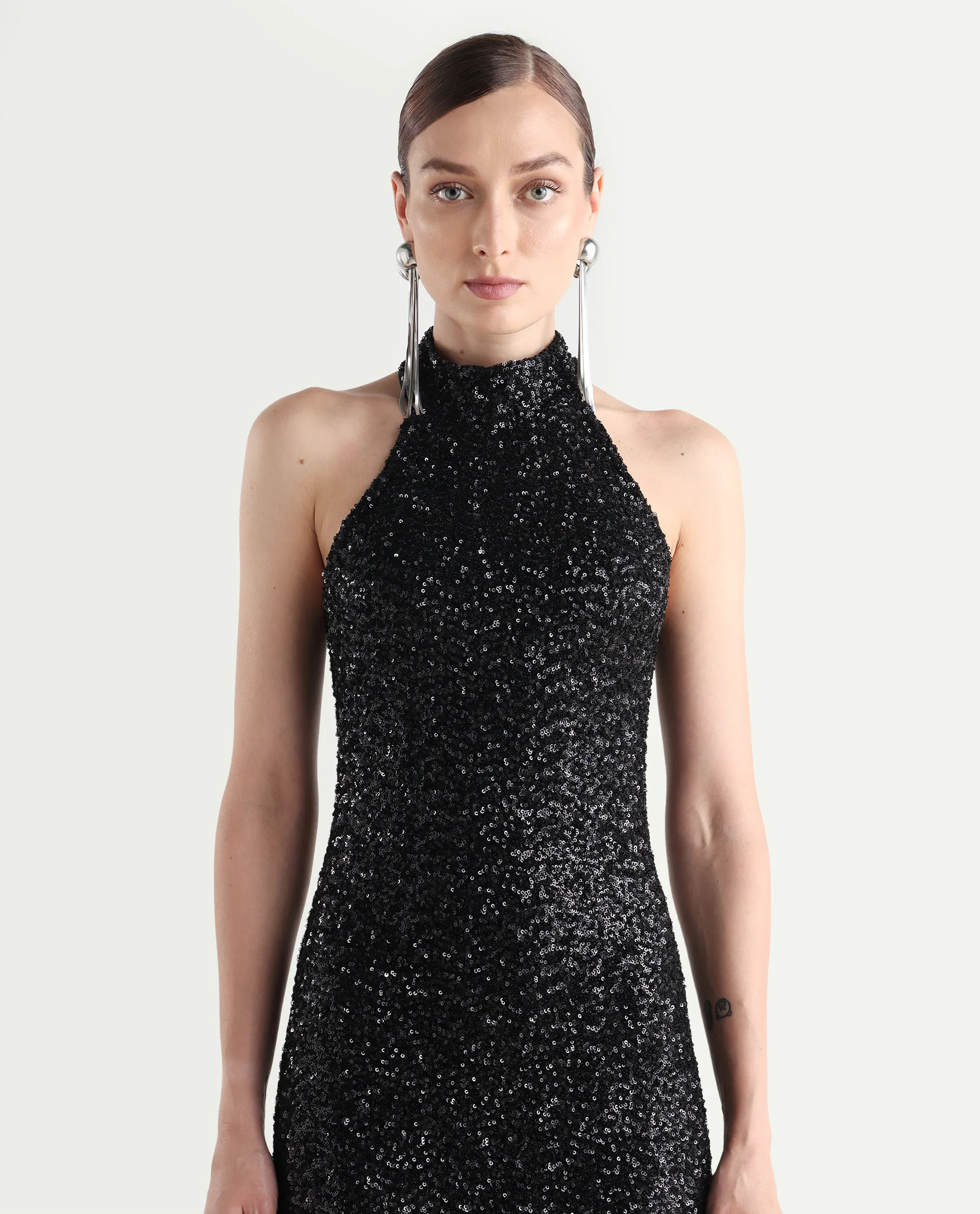 Rareism Women's Ardhan Metallic Black Sequined Halter Neck Plain Sleeveless Maxi Fitted Dress - Image 4