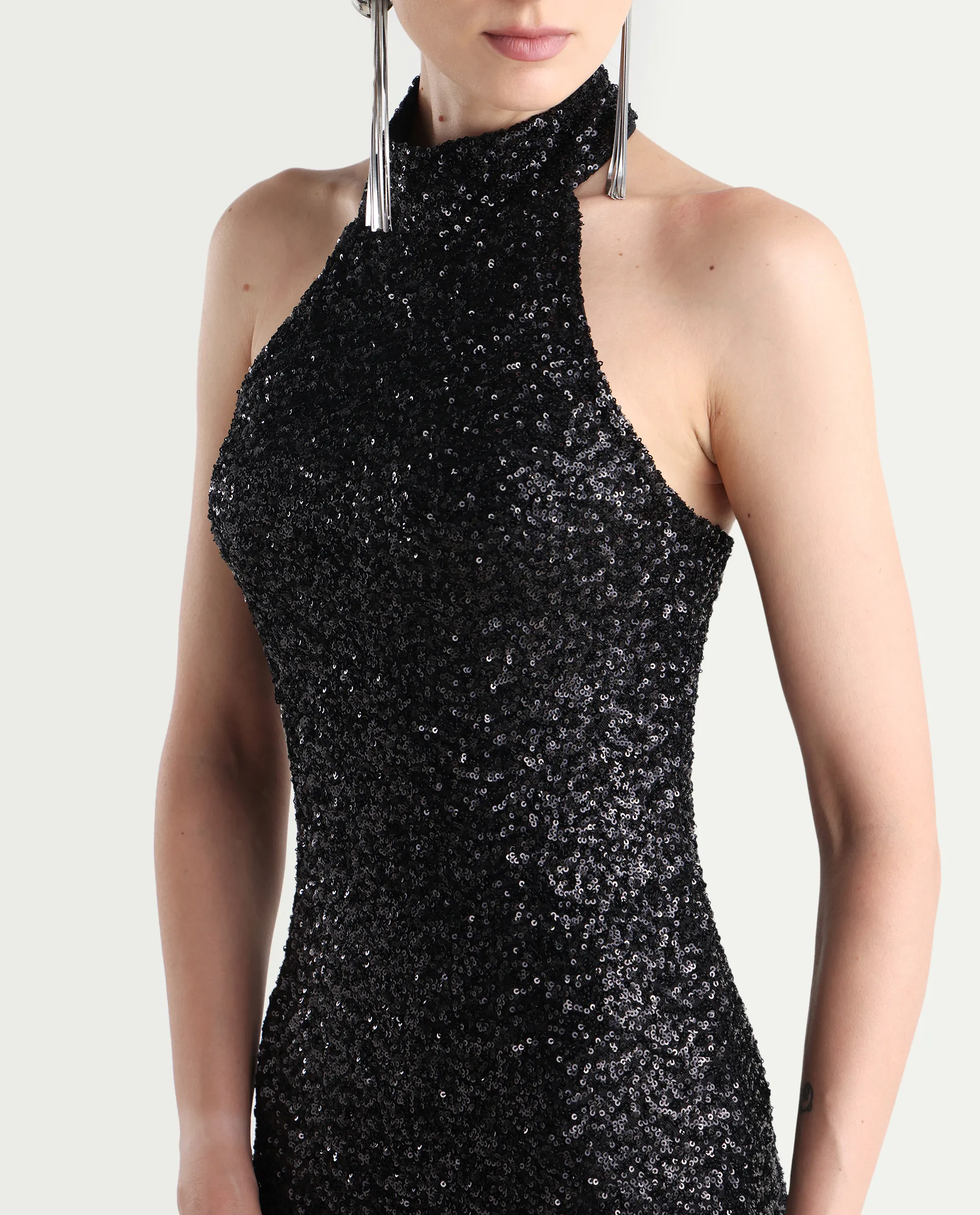 Rareism Women's Ardhan Metallic Black Sequined Halter Neck Plain Sleeveless Maxi Fitted Dress - Image 5