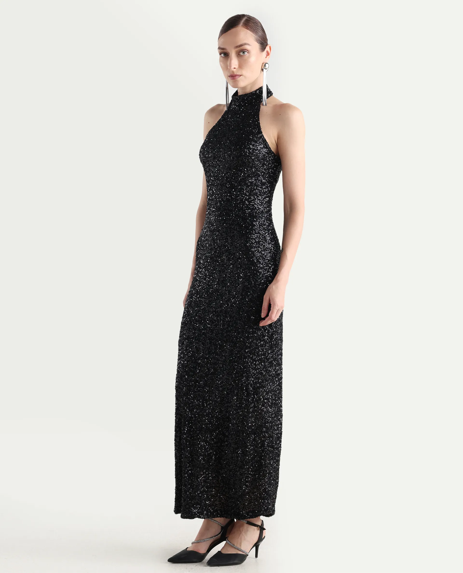 Rareism Women's Ardhan Metallic Black Sequined Halter Neck Plain Sleeveless Maxi Fitted Dress - Image 6