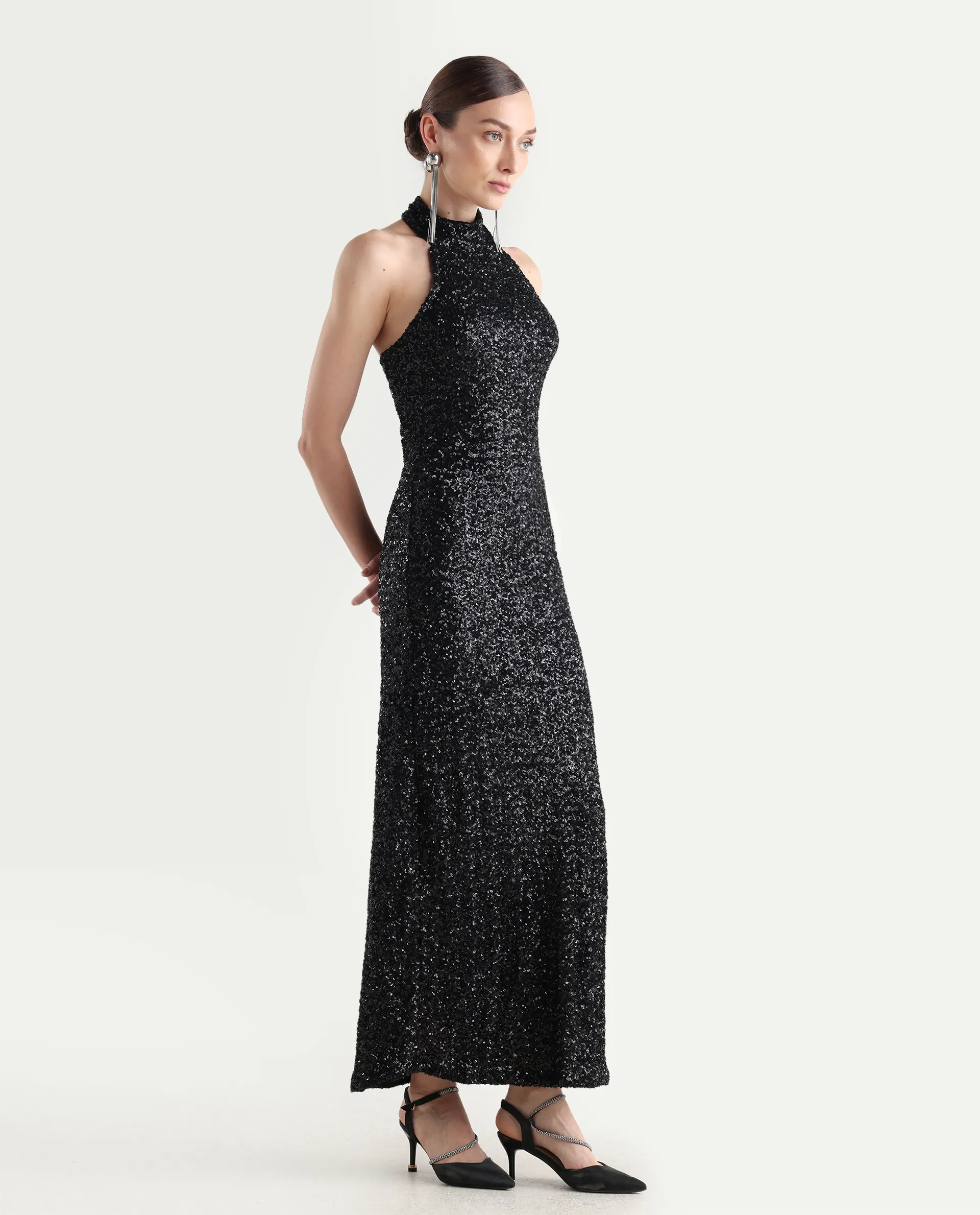 Rareism Women's Ardhan Metallic Black Sequined Halter Neck Plain Sleeveless Maxi Fitted Dress - Image 7