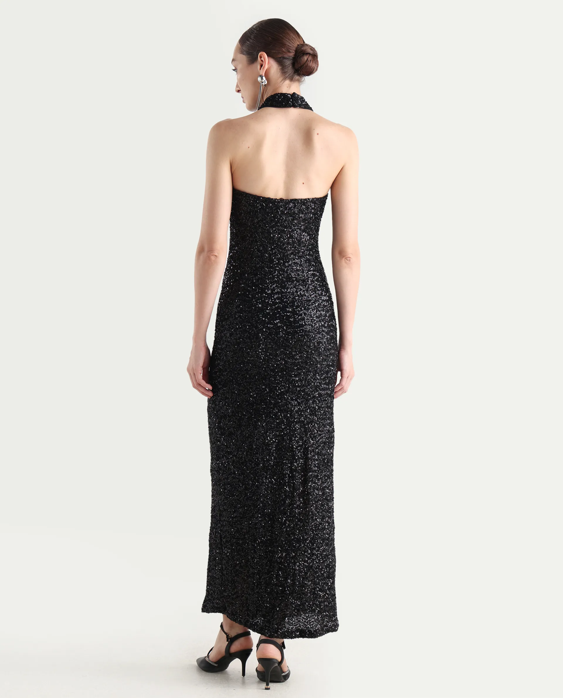 Rareism Women's Ardhan Metallic Black Sequined Halter Neck Plain Sleeveless Maxi Fitted Dress - Image 8