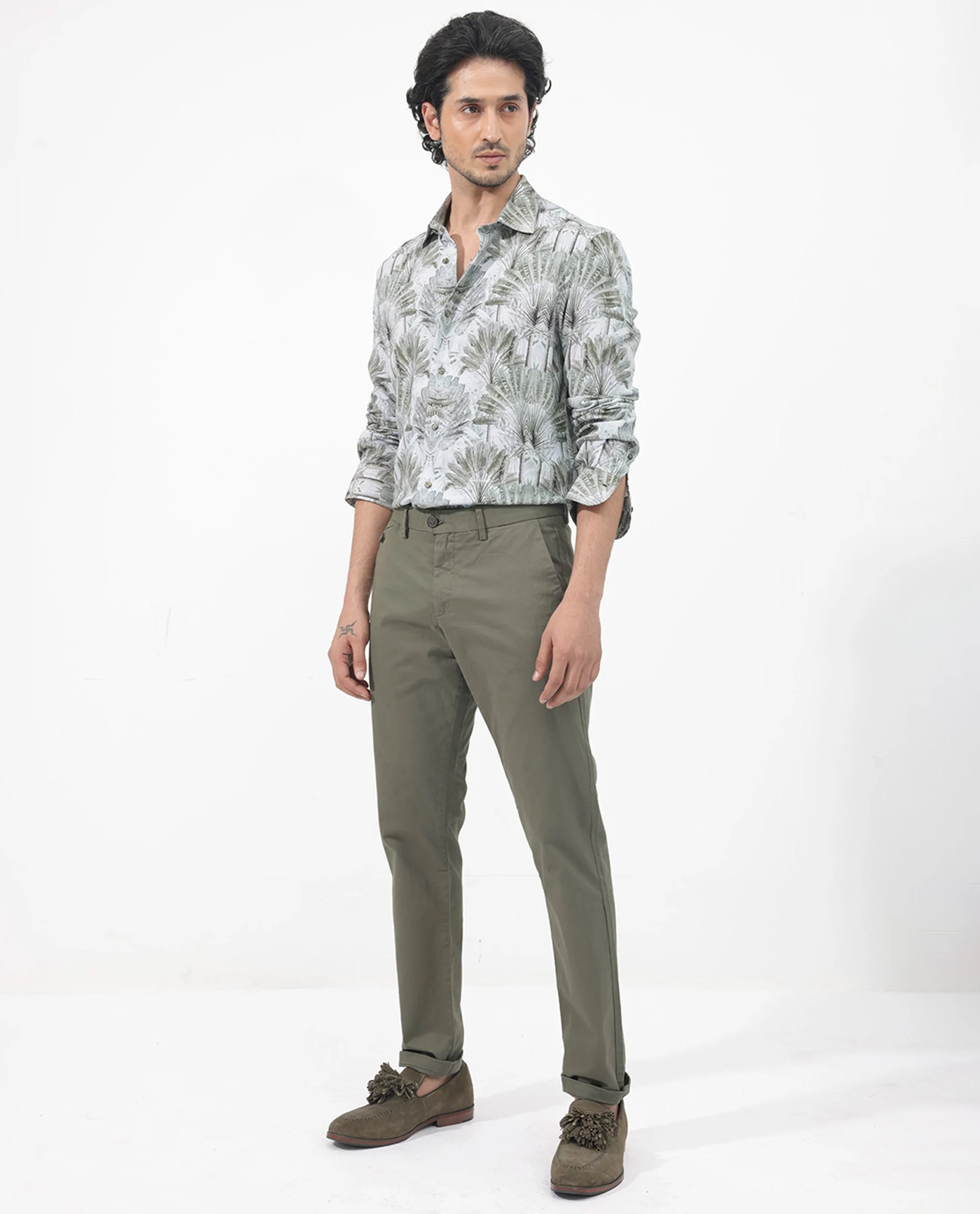 Rare Rabbit Men's Areca Light Green Viscose Tropical Print Regular Fit Full Sleeve Collared Shirt - Image 2