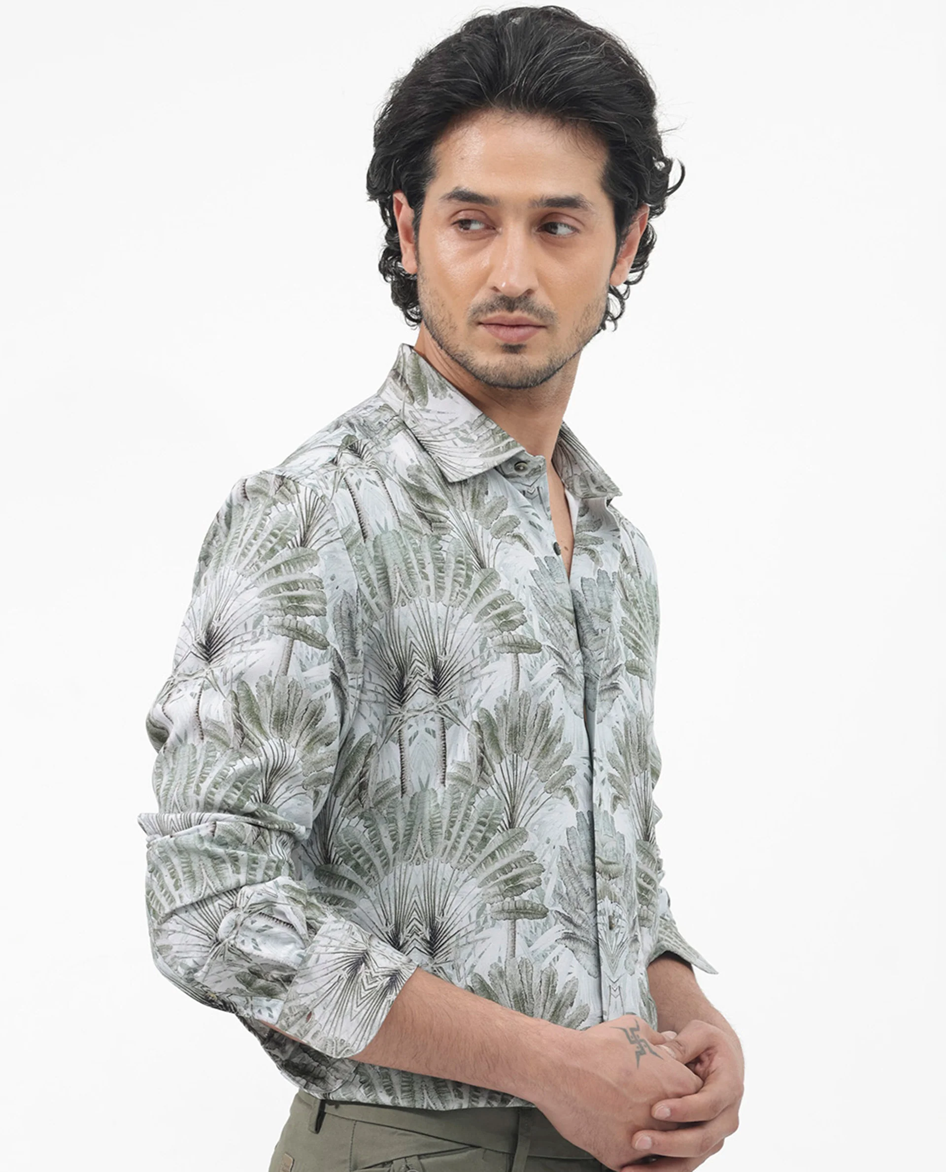 Rare Rabbit Men's Areca Light Green Viscose Tropical Print Regular Fit Full Sleeve Collared Shirt - Image 3