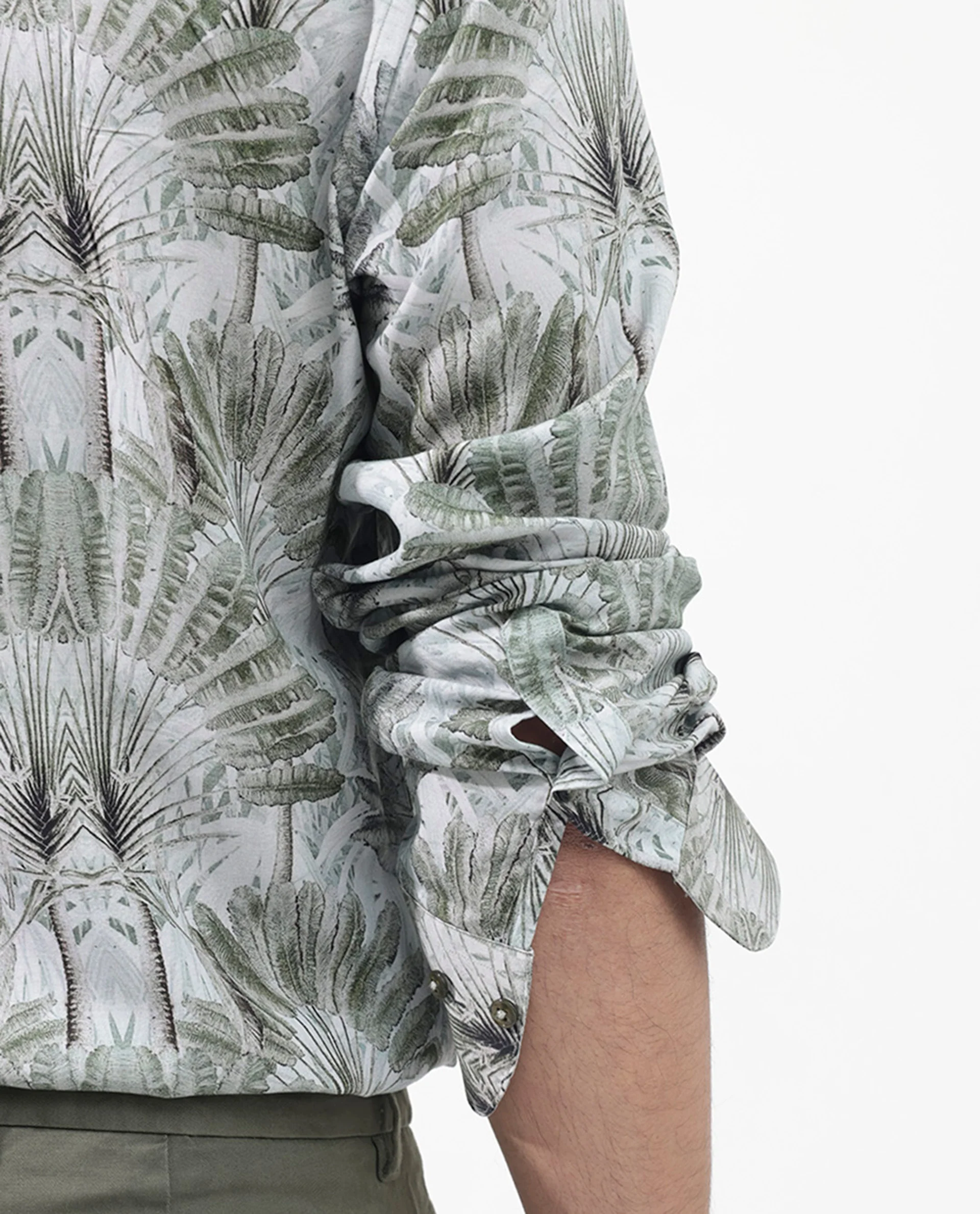 Rare Rabbit Men's Areca Light Green Viscose Tropical Print Regular Fit Full Sleeve Collared Shirt - Image 4