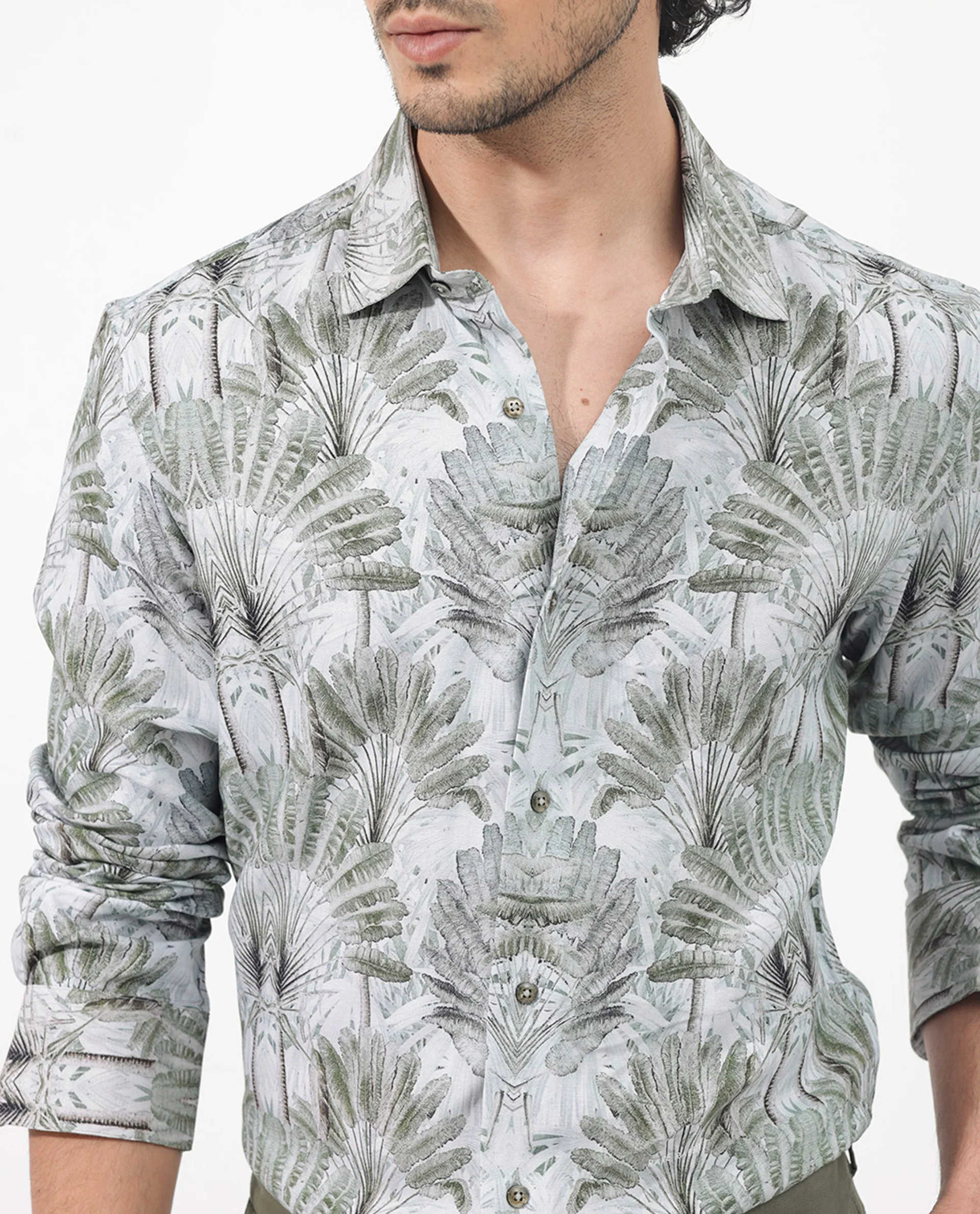 Rare Rabbit Men's Areca Light Green Viscose Tropical Print Regular Fit Full Sleeve Collared Shirt - Image 5