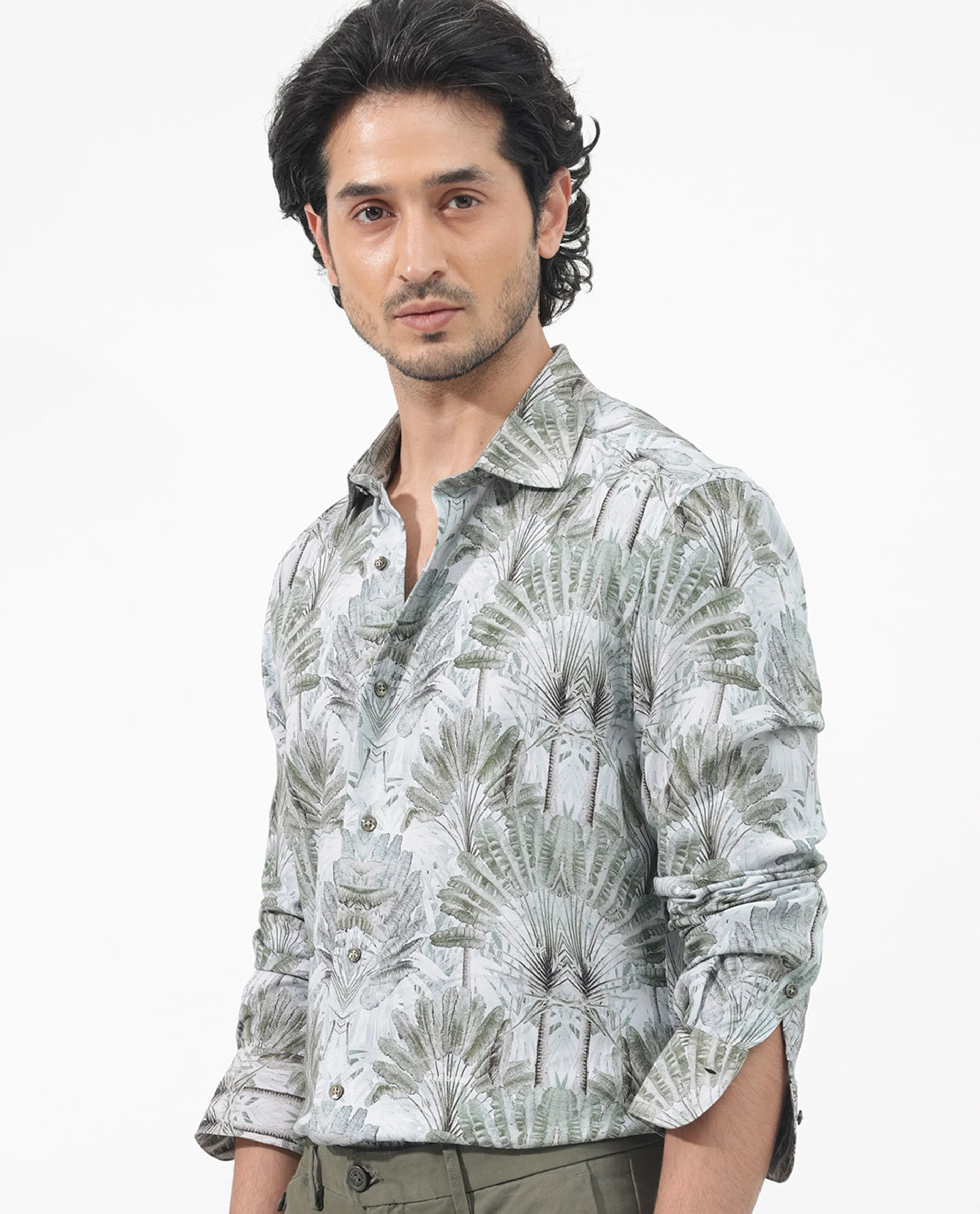 Rare Rabbit Men's Areca Light Green Viscose Tropical Print Regular Fit Full Sleeve Collared Shirt - Image 7