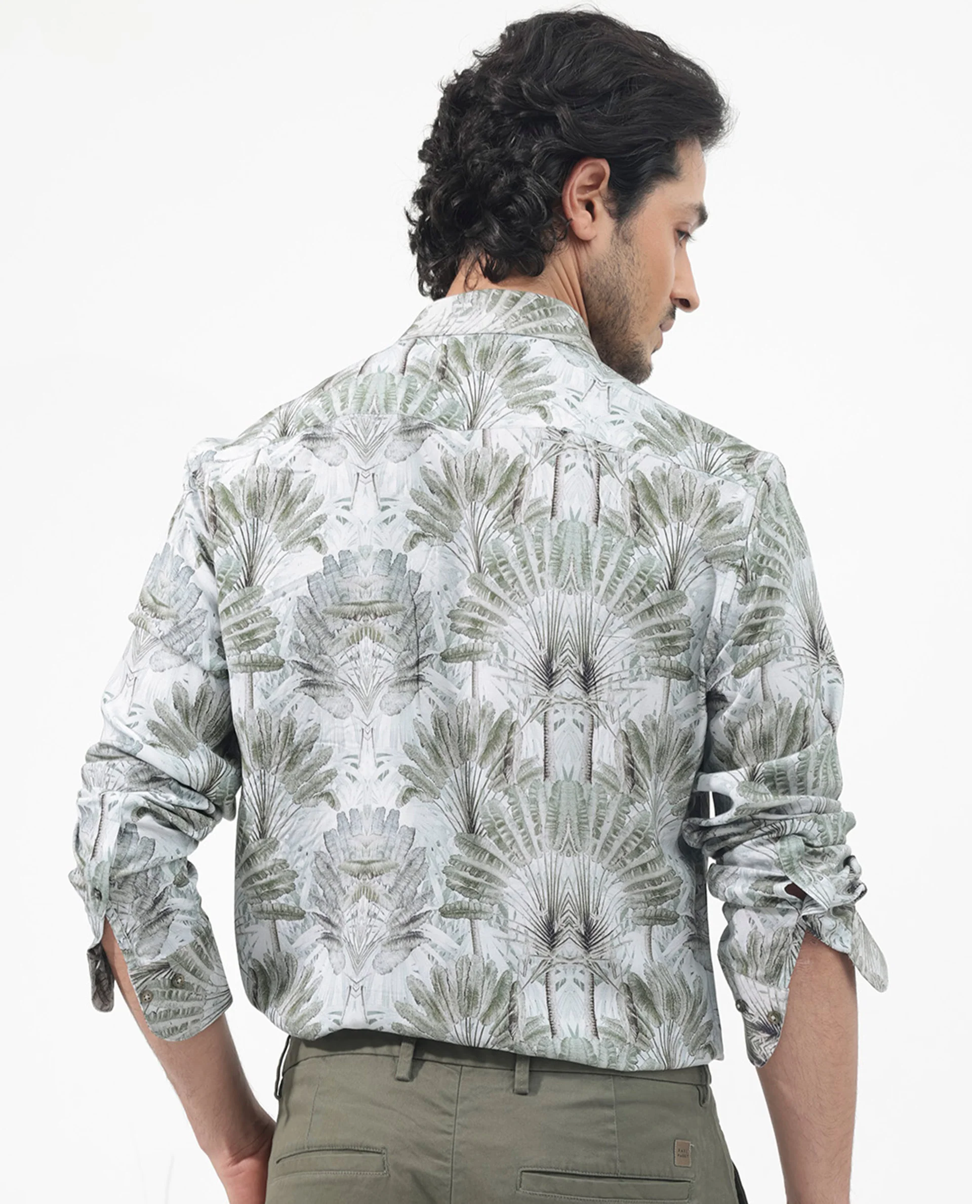 Rare Rabbit Men's Areca Light Green Viscose Tropical Print Regular Fit Full Sleeve Collared Shirt - Image 9
