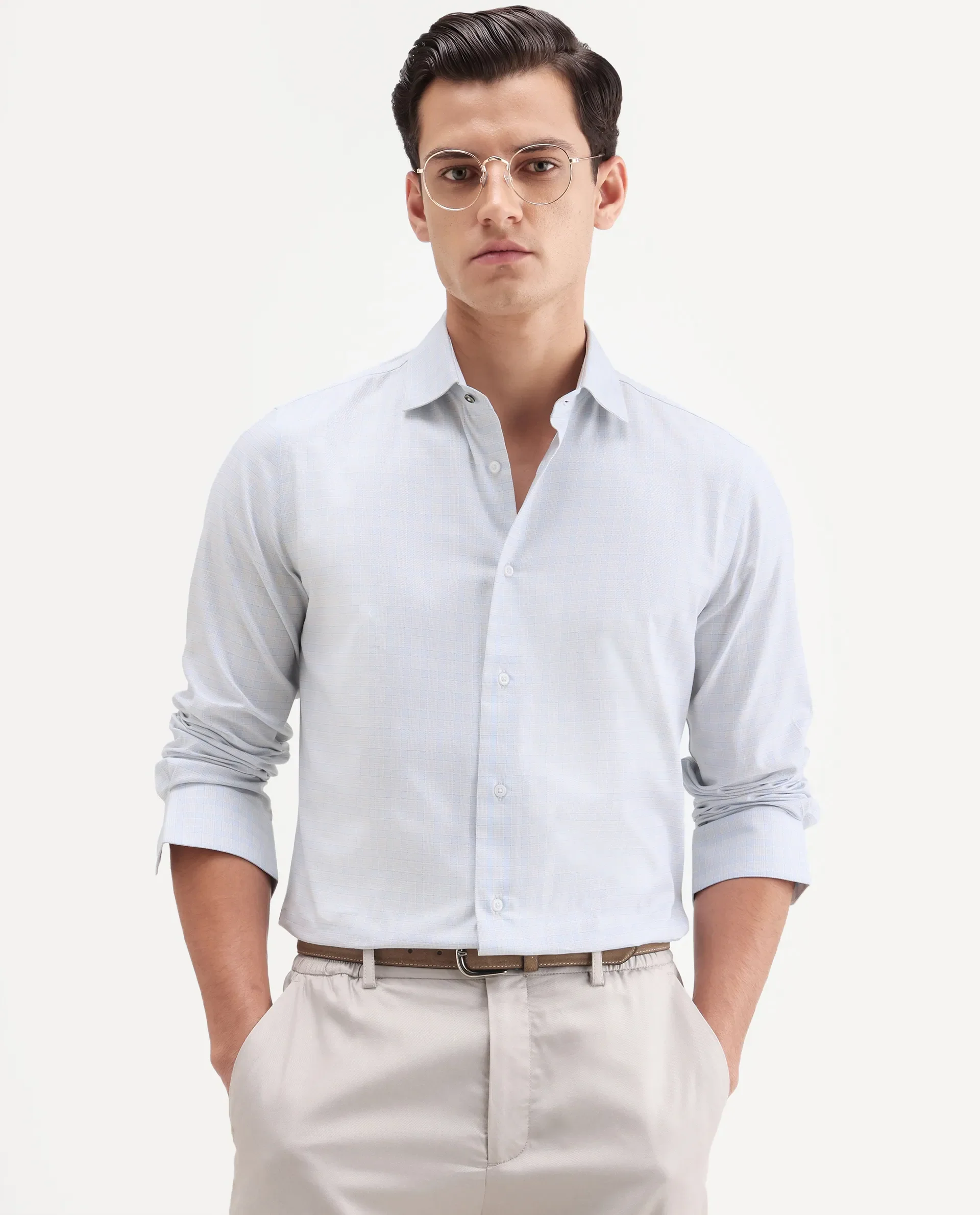 Rare Rabbit Men's Aren Light Blue Cotton Fabric Full Sleeve Spread Collar Button Regular Checked Shirt