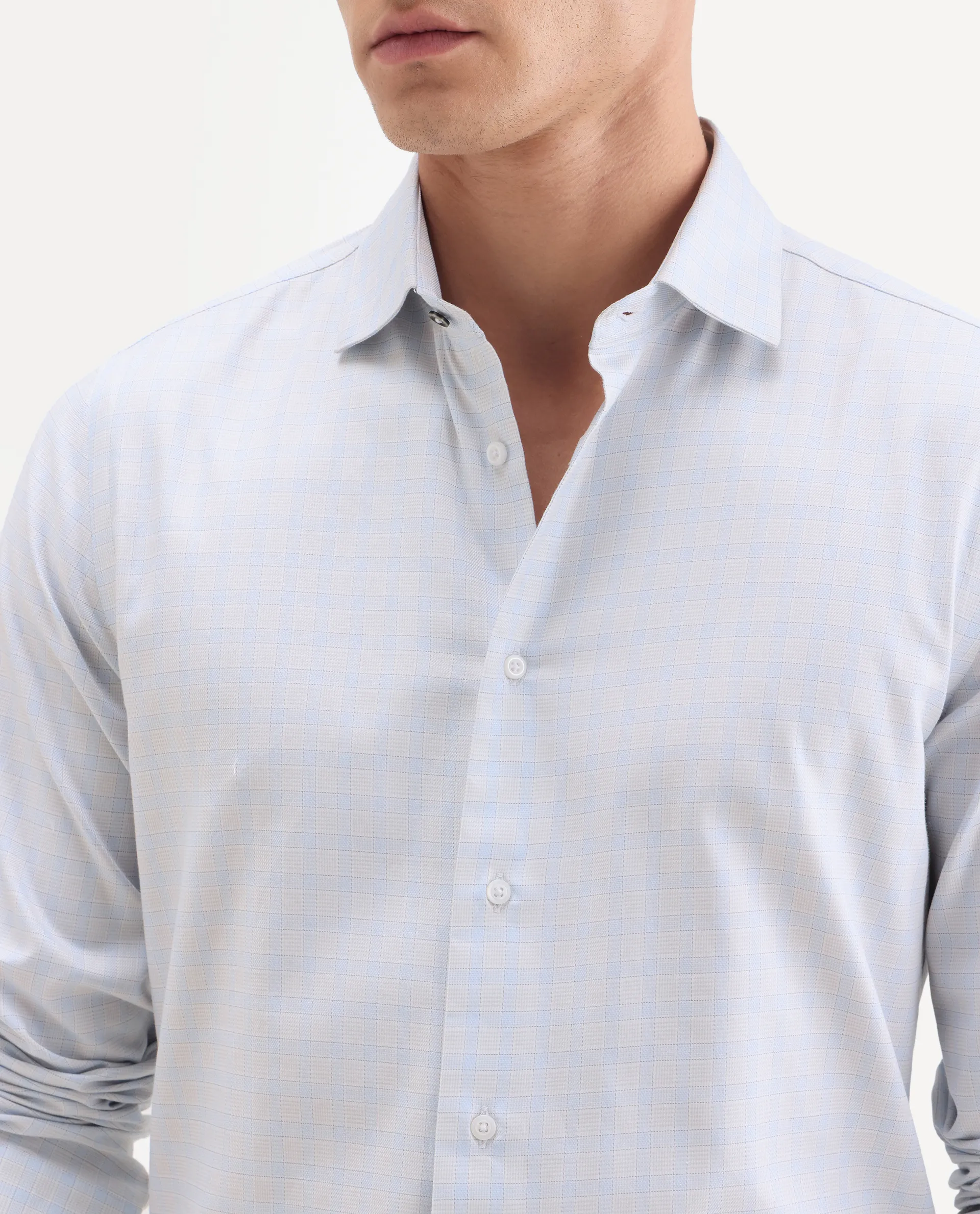 Rare Rabbit Men's Aren Light Blue Cotton Fabric Full Sleeve Spread Collar Button Regular Checked Shirt - Image 3