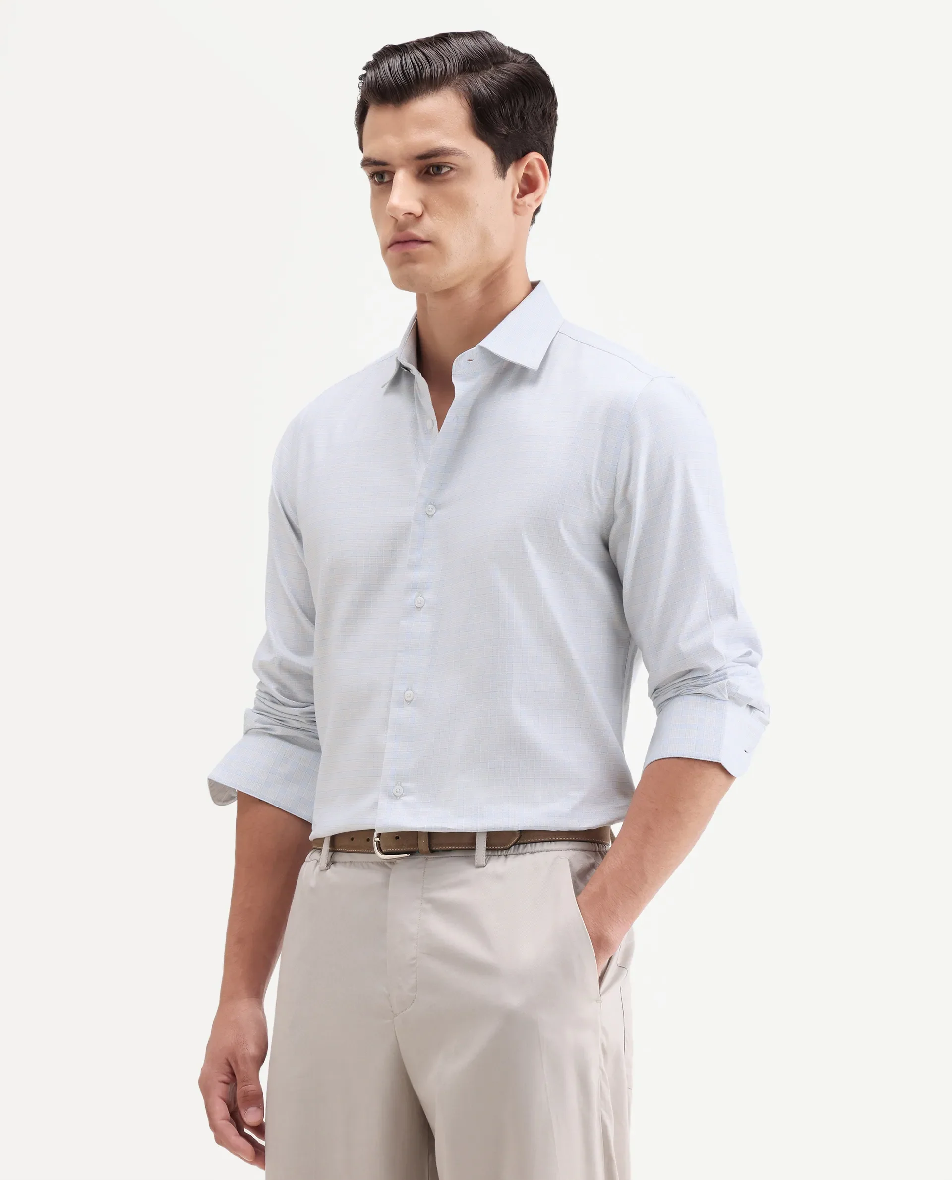 Rare Rabbit Men's Aren Light Blue Cotton Fabric Full Sleeve Spread Collar Button Regular Checked Shirt - Image 4