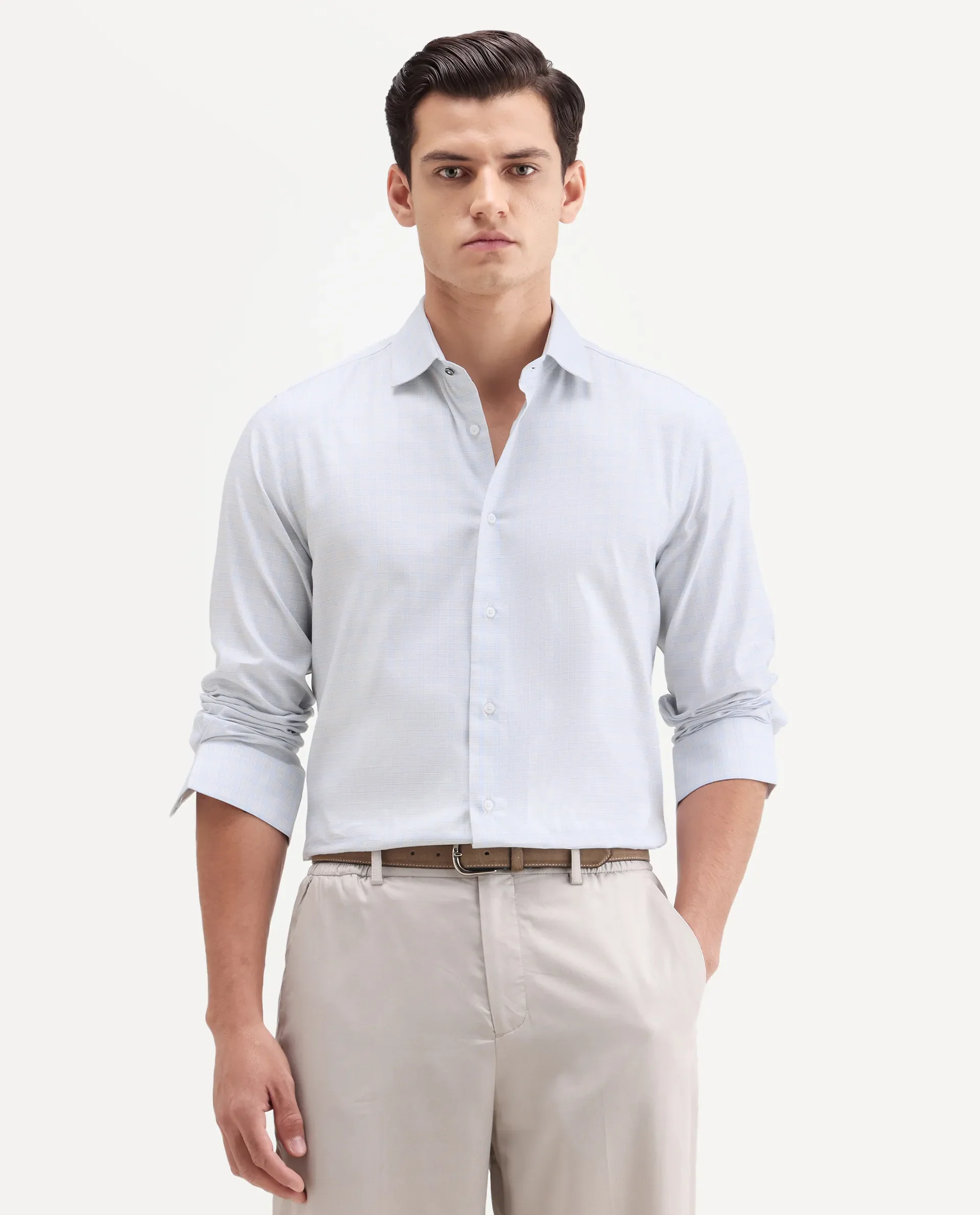 Rare Rabbit Men's Aren Light Blue Cotton Fabric Full Sleeve Spread Collar Button Regular Checked Shirt - Image 5