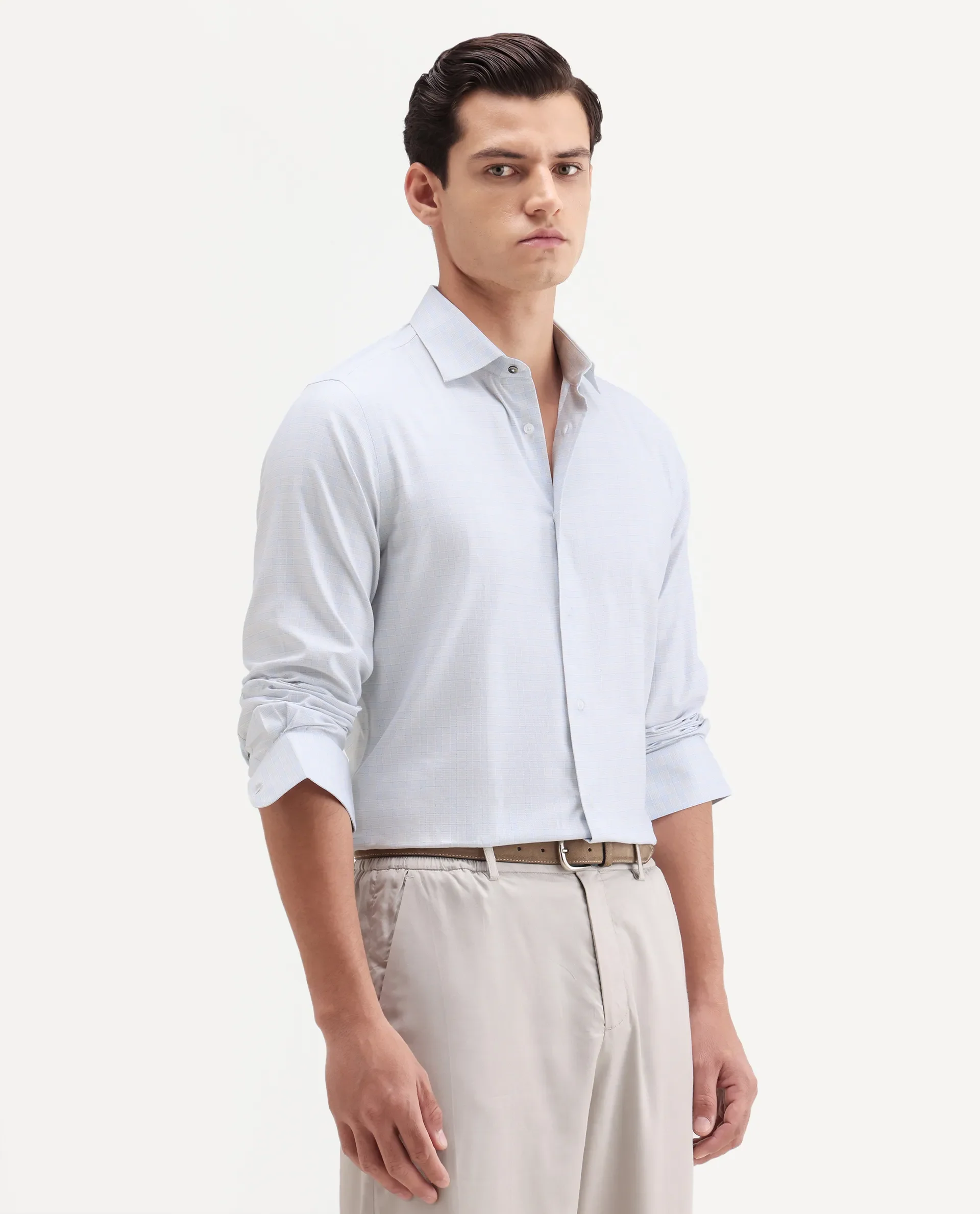 Rare Rabbit Men's Aren Light Blue Cotton Fabric Full Sleeve Spread Collar Button Regular Checked Shirt - Image 6