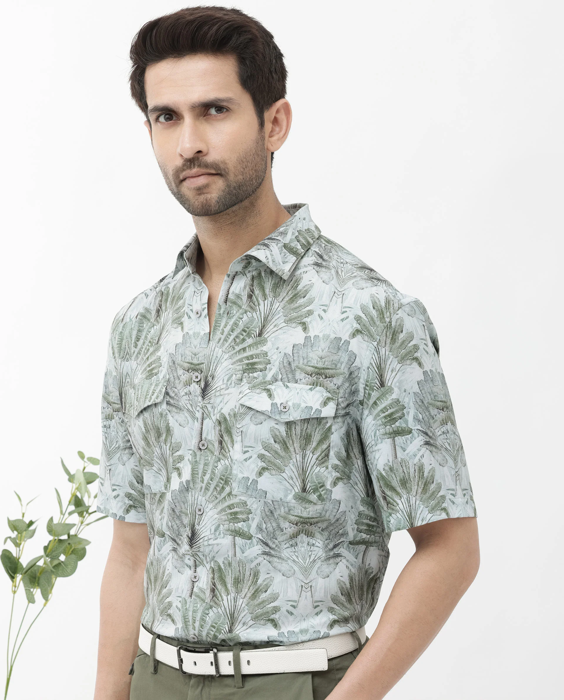 Rare Rabbit Men's Areno Light Green Viscose Tropical Print Boxy Fit Half Sleeve Collared Shirt - Image 3