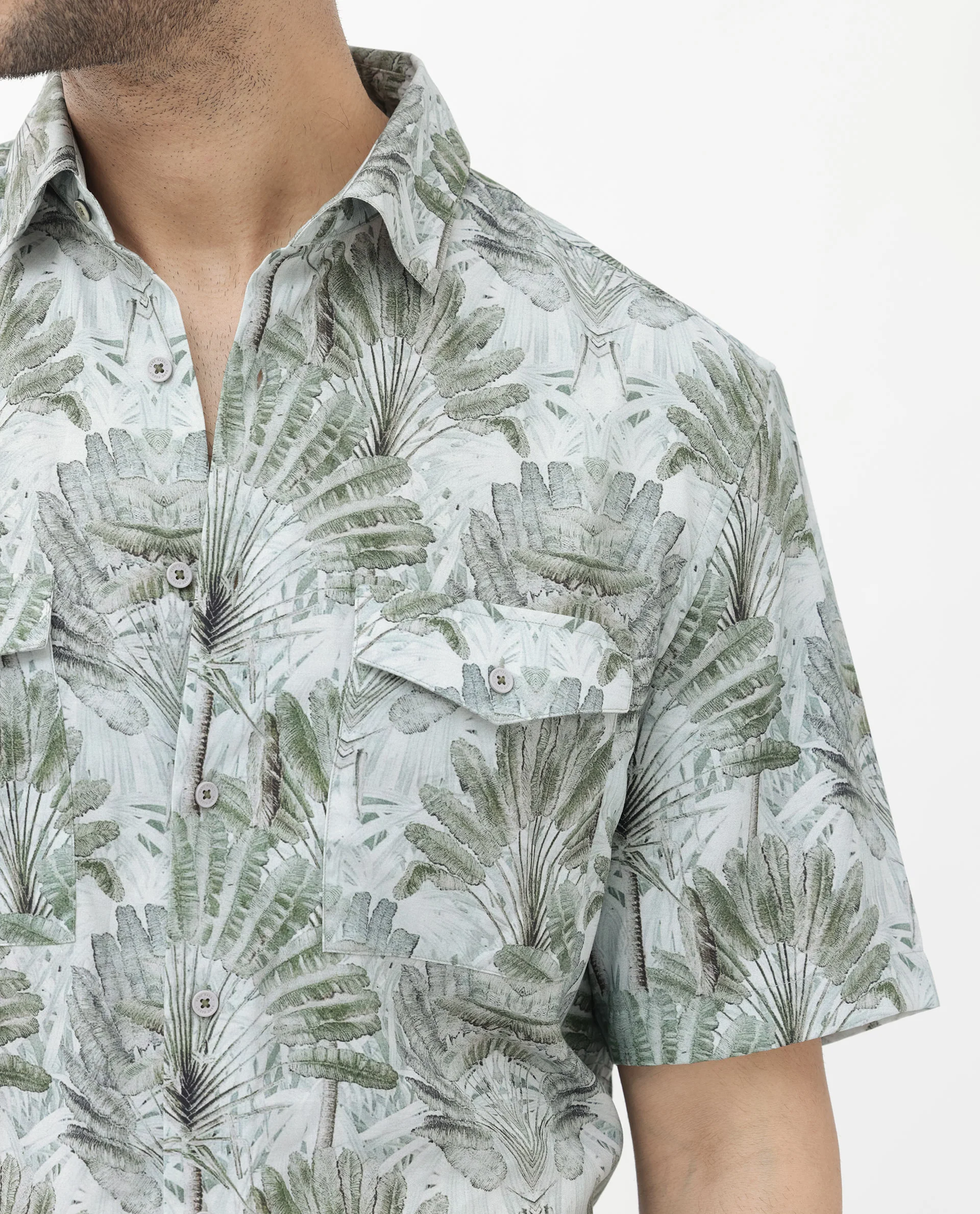 Rare Rabbit Men's Areno Light Green Viscose Tropical Print Boxy Fit Half Sleeve Collared Shirt - Image 5
