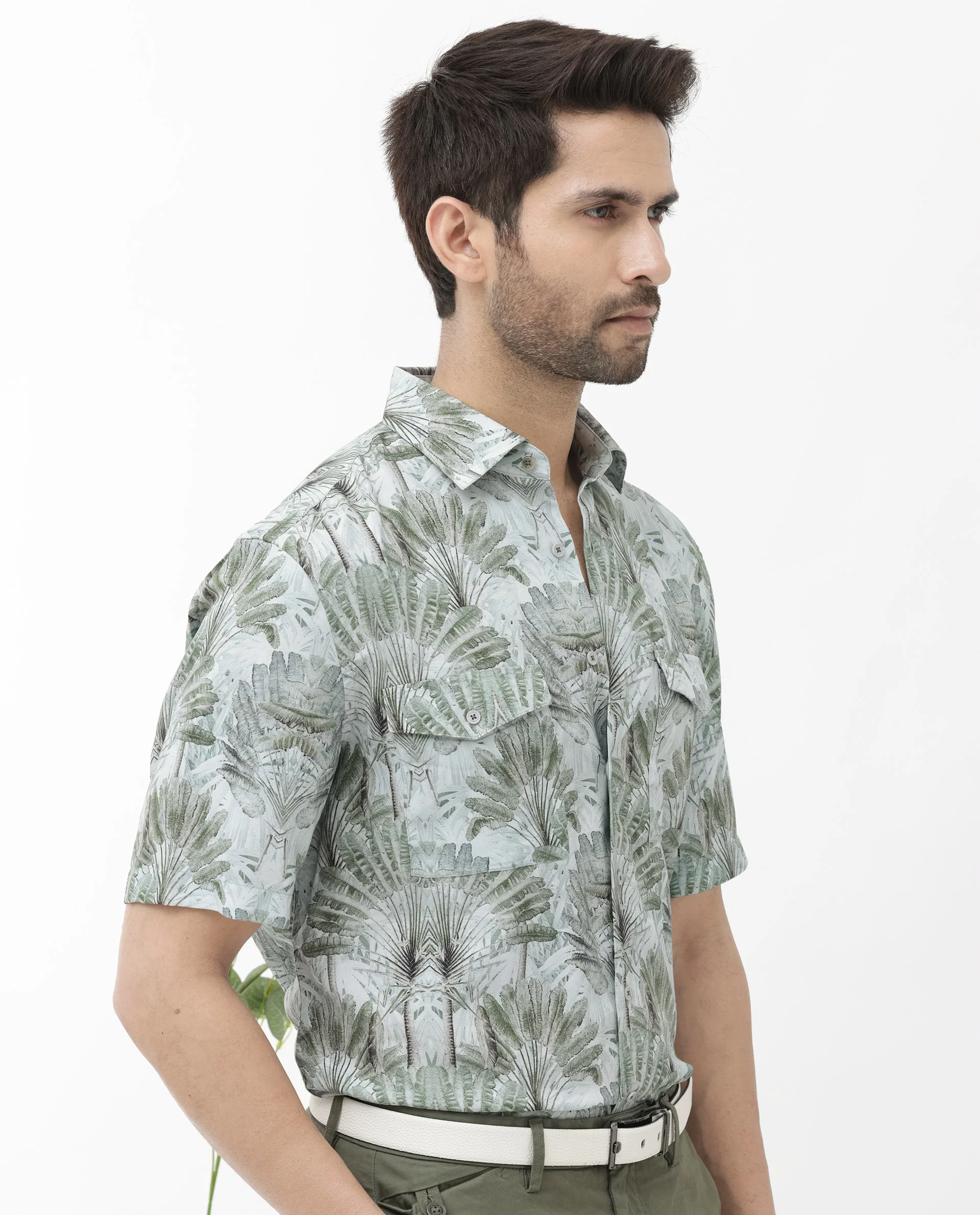 Rare Rabbit Men's Areno Light Green Viscose Tropical Print Boxy Fit Half Sleeve Collared Shirt - Image 6