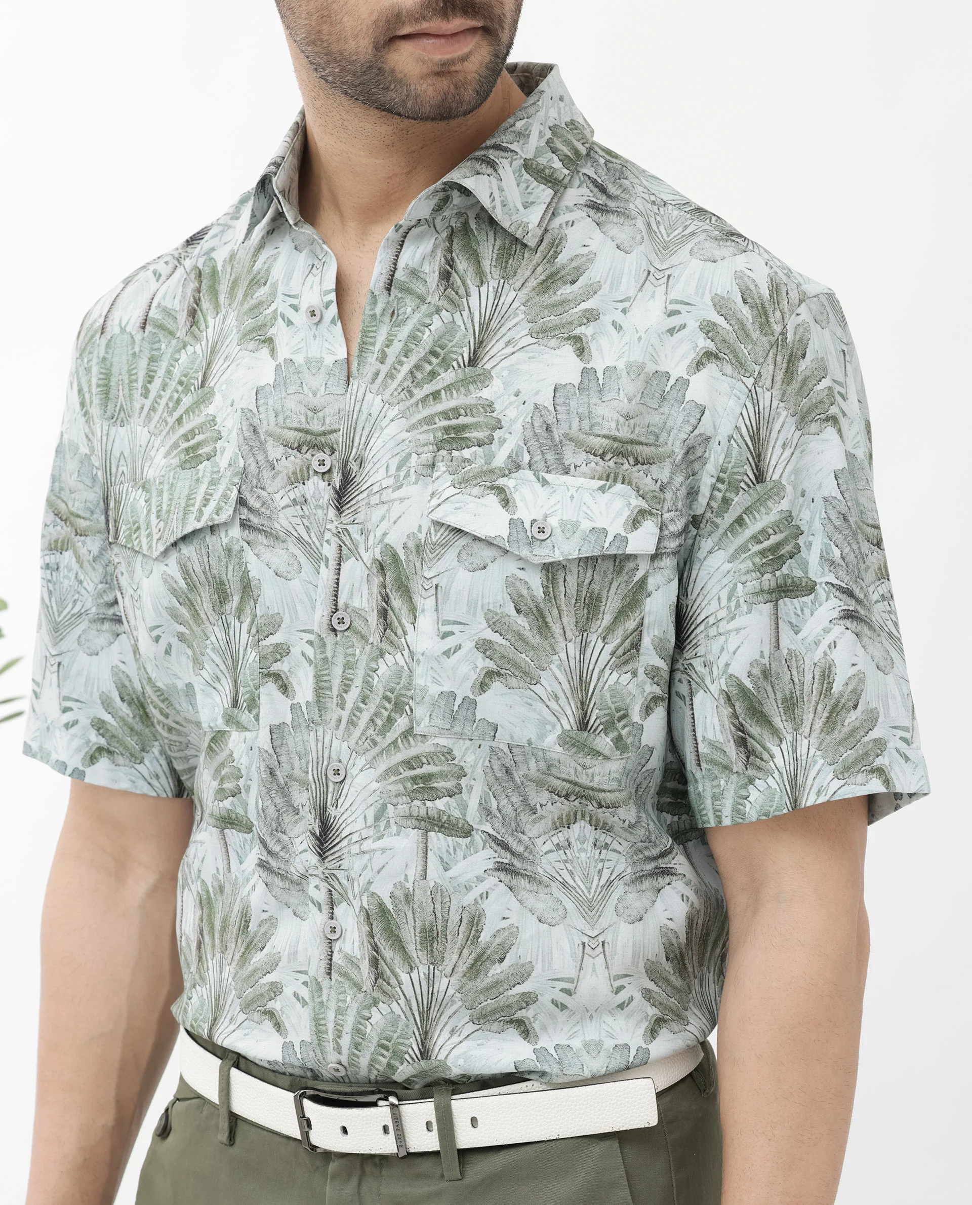 Rare Rabbit Men's Areno Light Green Viscose Tropical Print Boxy Fit Half Sleeve Collared Shirt - Image 8