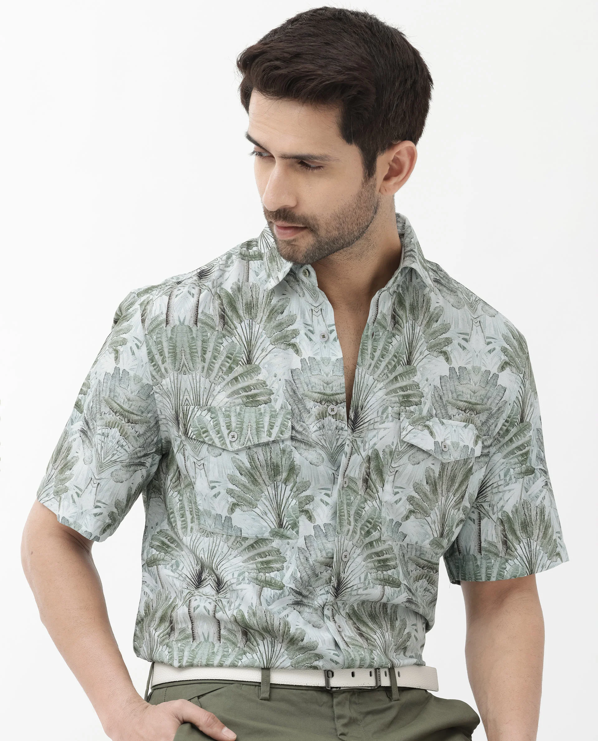 Rare Rabbit Men's Areno Light Green Viscose Tropical Print Boxy Fit Half Sleeve Collared Shirt - Image 9