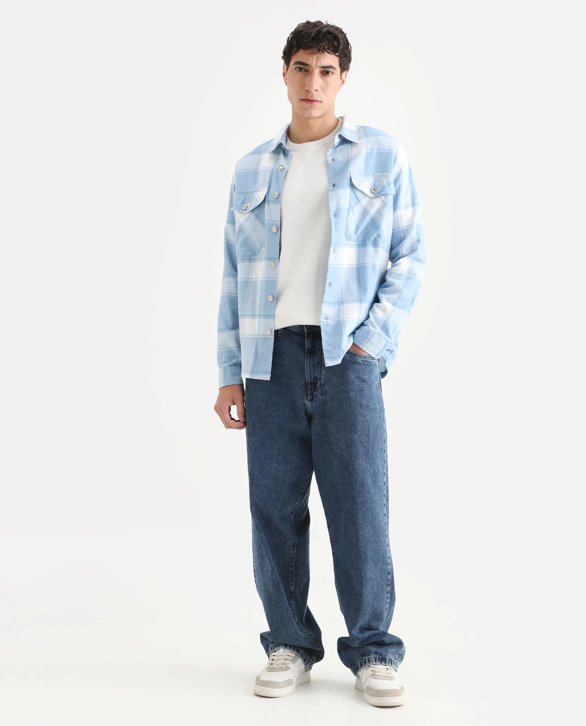 Rare Rabbit Men's Areo Pastel Blue Cotton Checked Print Relaxed Fit Full Sleeve Collared Shacket - Image 2