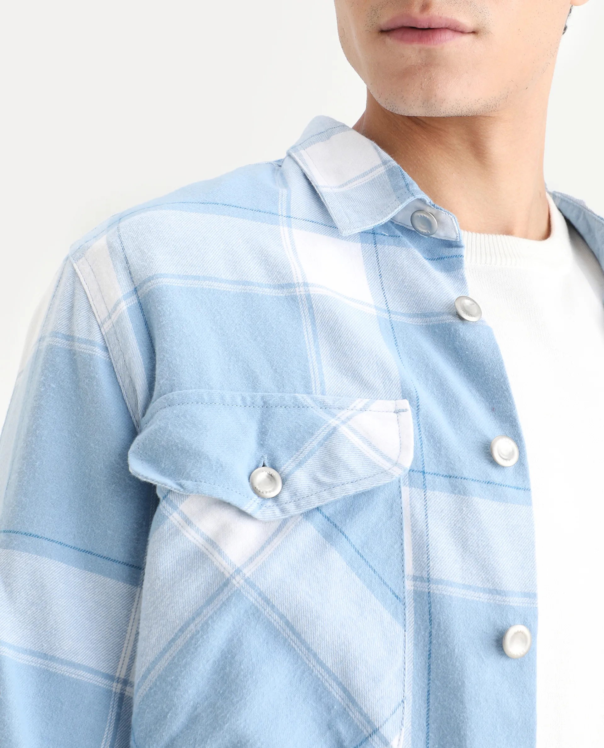 Rare Rabbit Men's Areo Pastel Blue Cotton Checked Print Relaxed Fit Full Sleeve Collared Shacket - Image 3